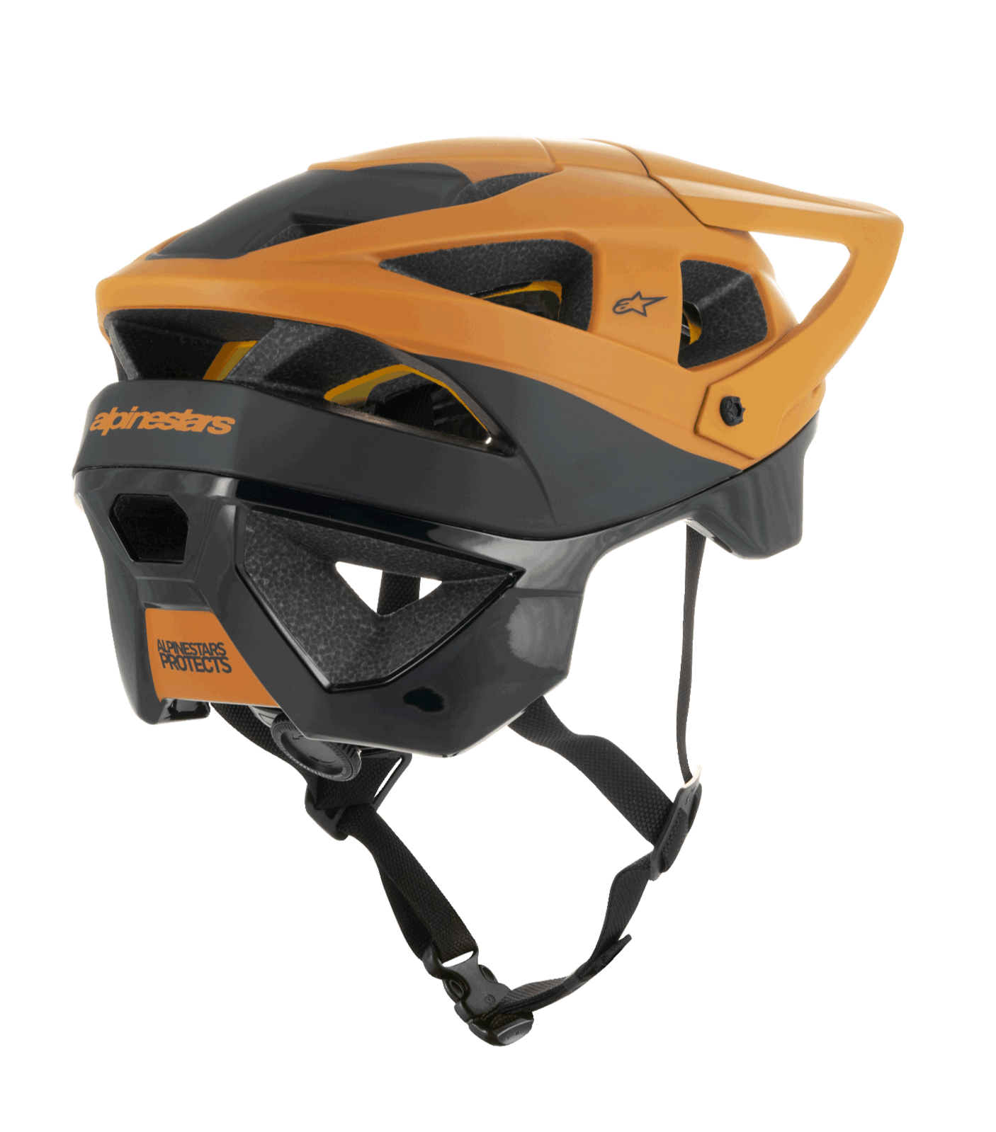 Casco Alpinestars Vector Tech Zeal, casco de MTB, negro y dorado oscuro, vista lateral trasera que muestra múltiples puertos de ventilación, visera ajustable y correa de barbilla negra segura, equipo de protección para bicicleta de montaña con la marca Alpinestars