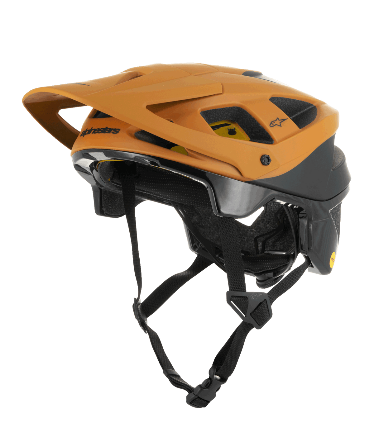 Alpinestars Vector Tech Zeal Helmet, MTB Mountain Biking Helmet, Orange and Black with yellow Mips logo, featuring a large front visor, multiple ventilation ports, and an adjustable chin strap, designed for off-road trail protection