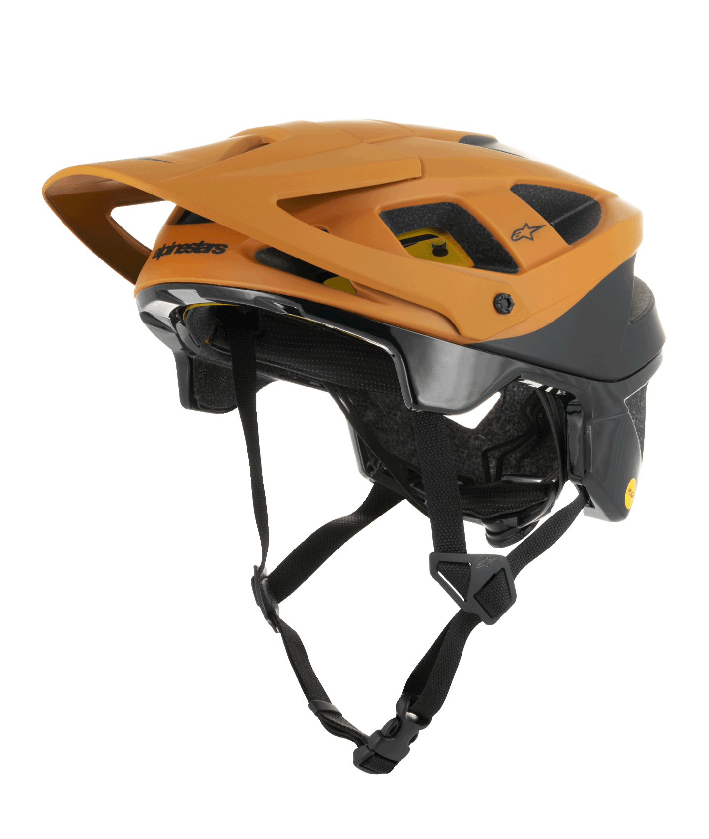 Alpinestars Vector Tech Zeal Helmet, casco de ciclismo MTB, naranja y negro con logo Mips amarillo, con una gran visera frontal, múltiples orificios de ventilación y correa ajustable para la barbilla, diseñado para protección en senderos todoterreno