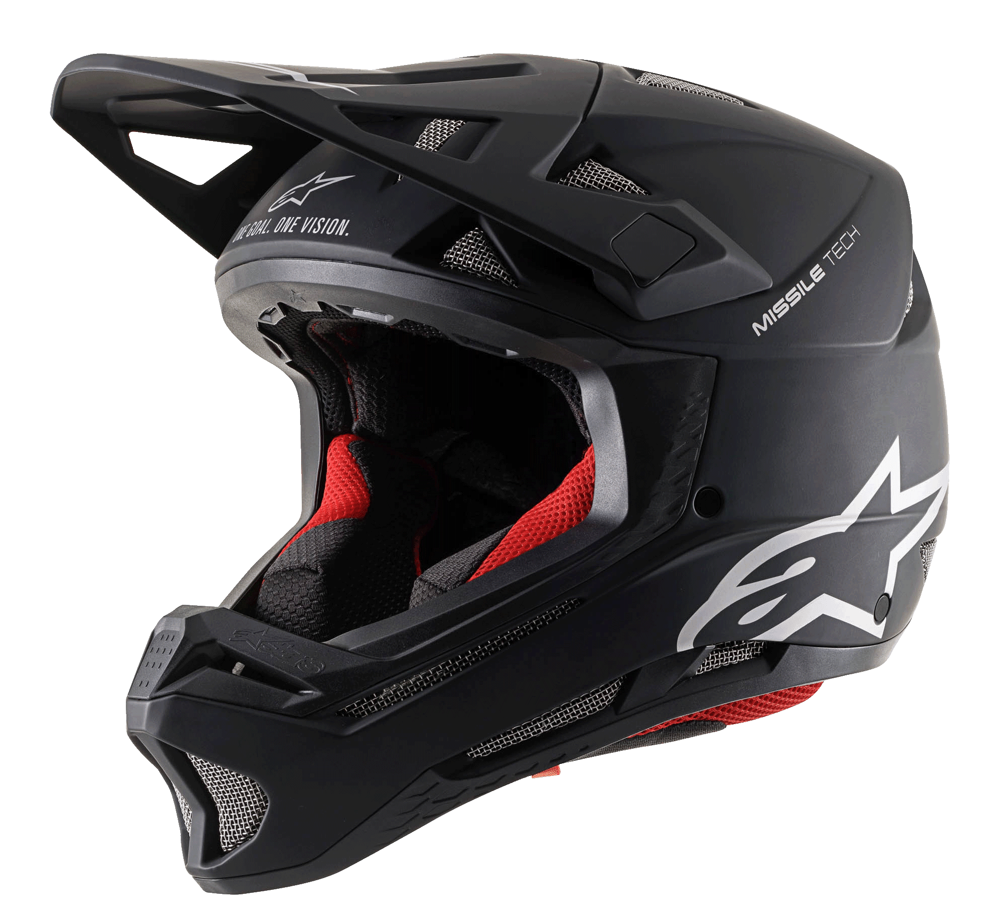 Casco Alpinestars Missile Tech Solid negro mate integral para MTB, con acolchado rojo y aberturas de ventilación.