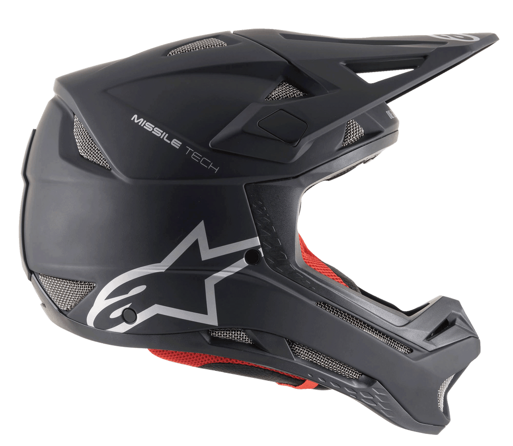 Casco Alpinestars Missile Tech Solid negro mate, integral de descenso MTB con ventilación de malla y logotipo plateado.