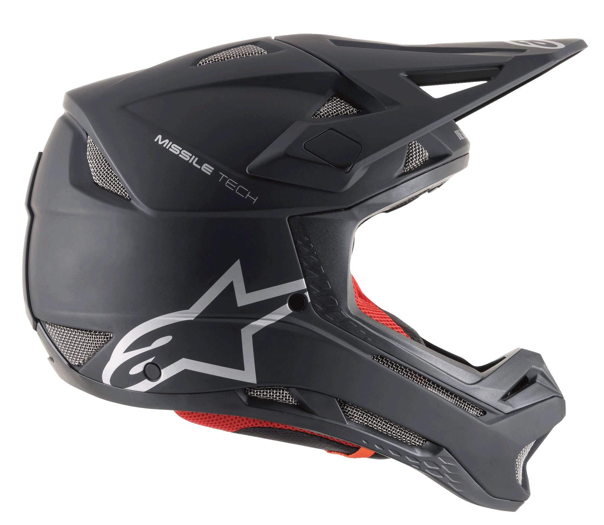 Casco Alpinestars Missile Tech Solid negro mate, integral de descenso MTB con ventilación de malla y logotipo plateado.
