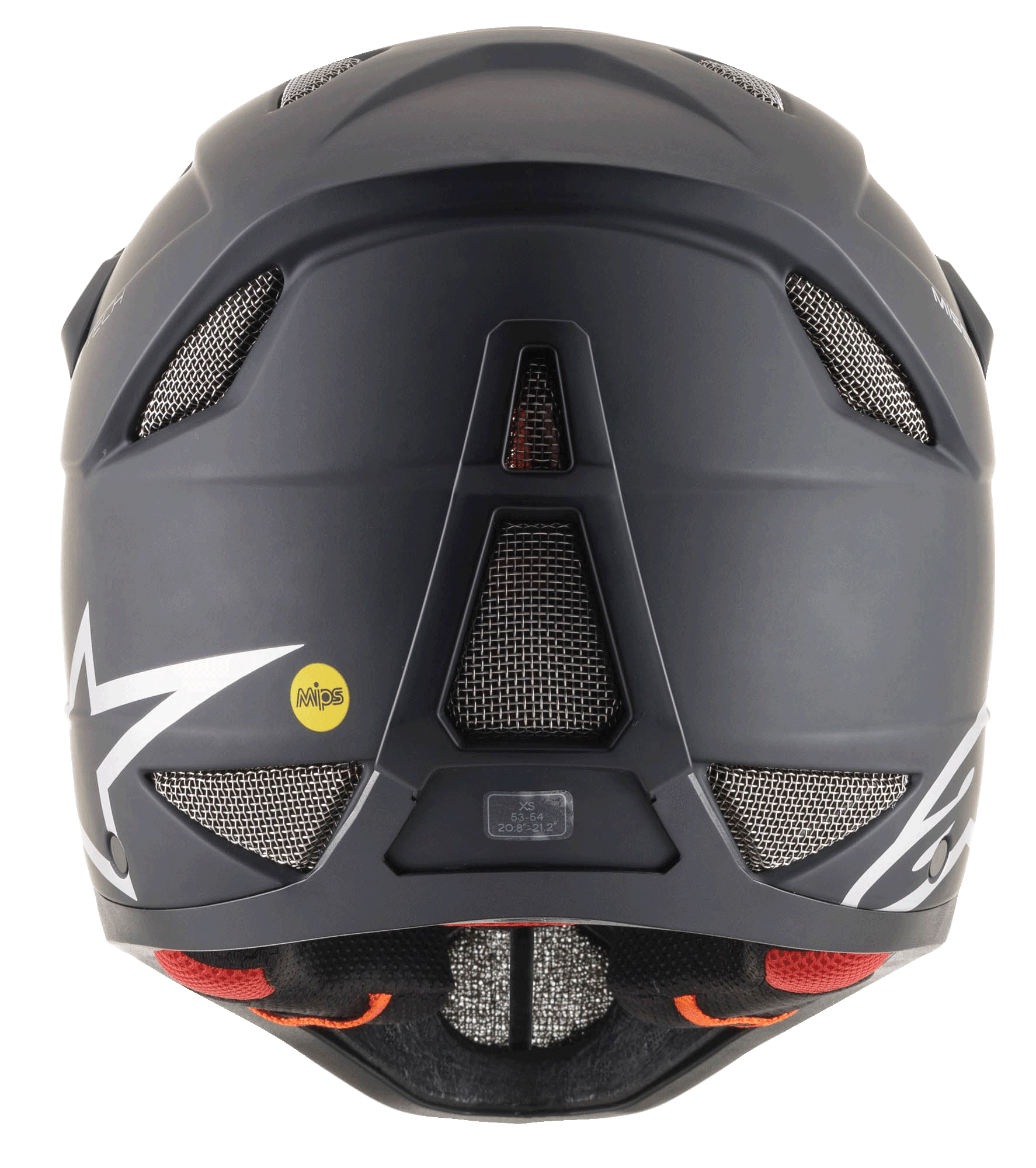 Casco Alpinestars Missile Tech Solid negro mate, vista trasera con aberturas de malla y logo MIPS para descenso MTB.