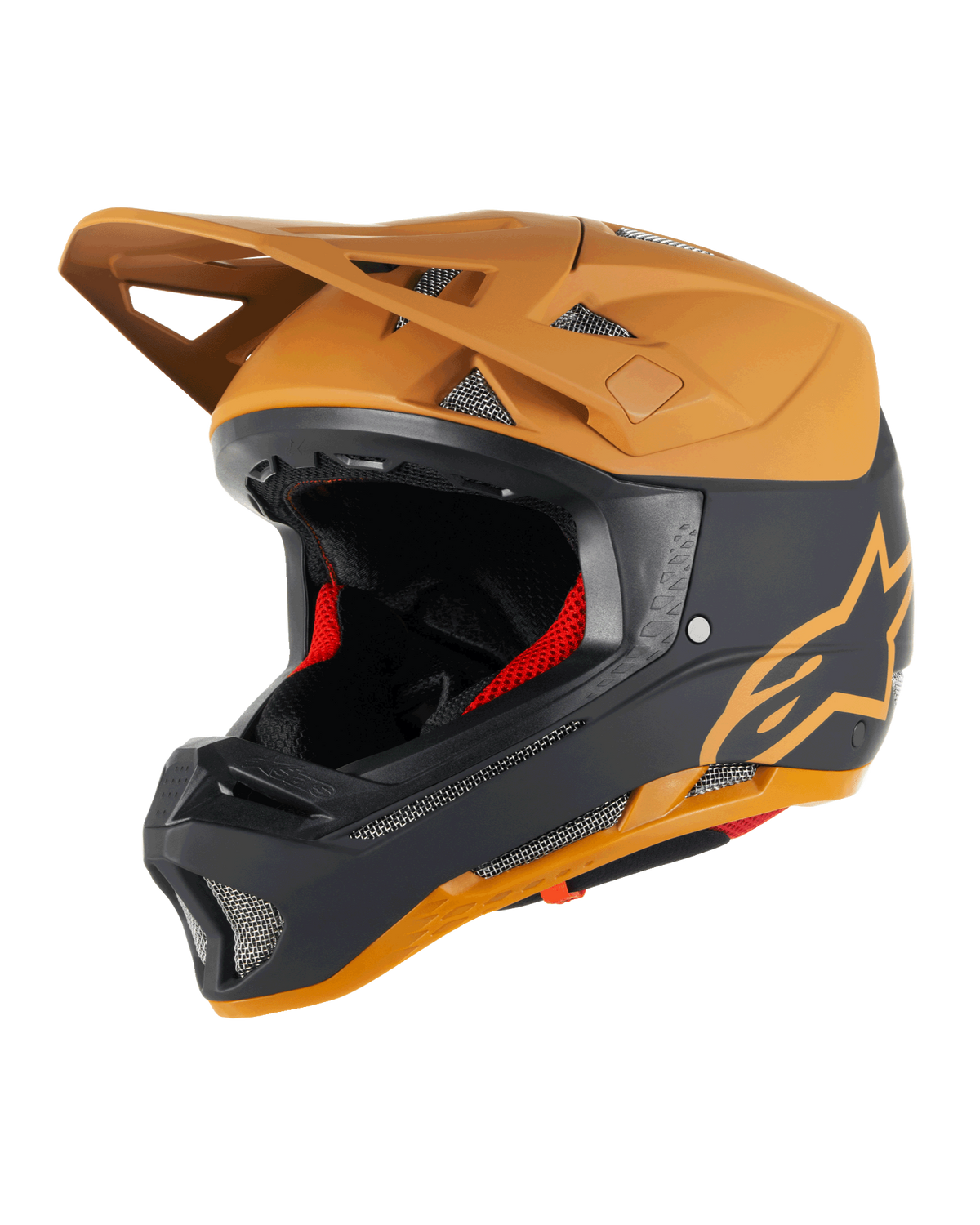 Alpinestars Missile Tech Racer Helmet, Full-Face MTB Helmet, Black and Dark Gold Matt, matte finish with gold star logo, red interior padding, silver mesh vents for airflow, angular visor, downhill mountain bike protection gear