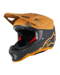 Alpinestars Missile Tech Racer Helmet, casco integral de MTB, negro y oro oscuro mate, acabado mate con logotipo de estrella dorado, acolchado interior rojo, ventilaciones de malla plateada para flujo de aire, visera angular, equipo de protección para descenso en MTB