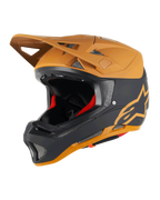 Alpinestars Missile Tech Racer Helmet, casco integral de MTB, negro y oro oscuro mate, acabado mate con logotipo de estrella dorado, acolchado interior rojo, ventilaciones de malla plateada para flujo de aire, visera angular, equipo de protección para descenso en MTB