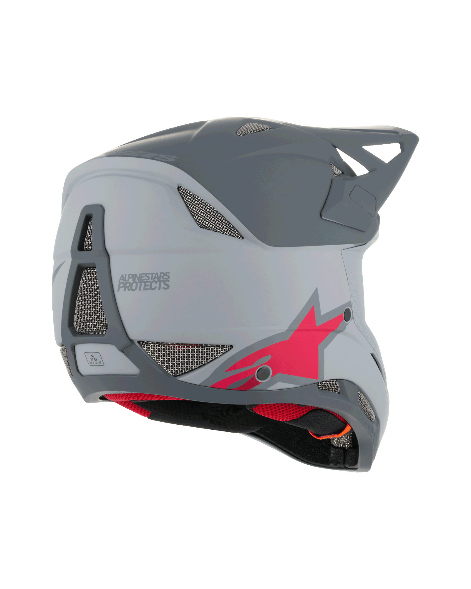 Casco Alpinestars Missile Tech Racer, casco integral de MTB, gris claro y gris oscuro mate con logo de estrella roja, vista lateral trasera que muestra la malla de ventilación y el perfil aerodinámico, protección para ciclismo de descenso