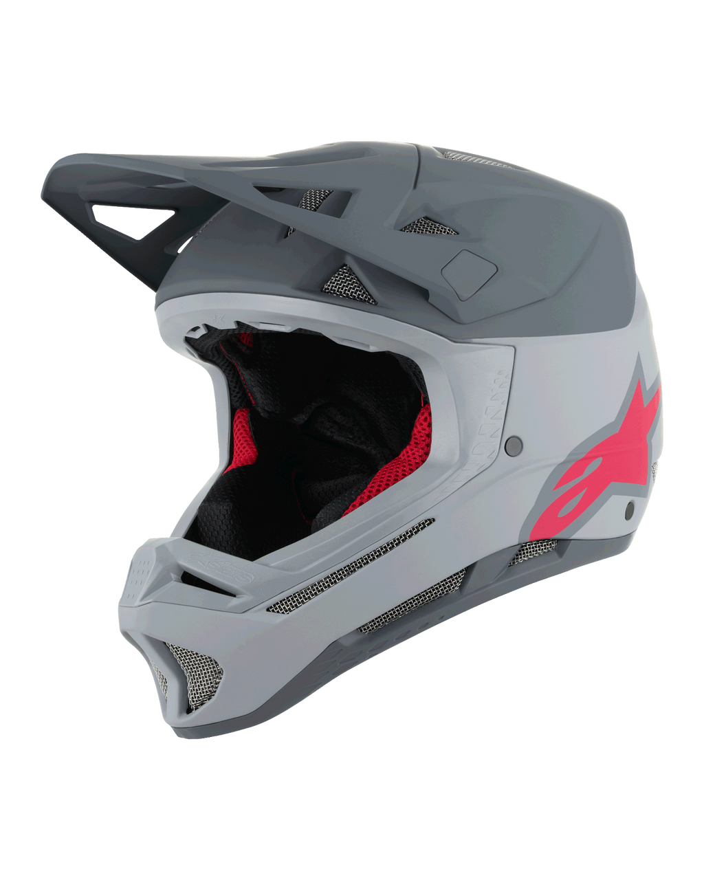 Alpinestars Missile Tech Racer Helmet, casco integral de MTB, gris claro y gris oscuro mate con logo Astars rosa, visera aerodinámica, múltiples ventilaciones de malla, acolchado interior negro y rojo, equipamiento para descenso en bicicleta de montaña