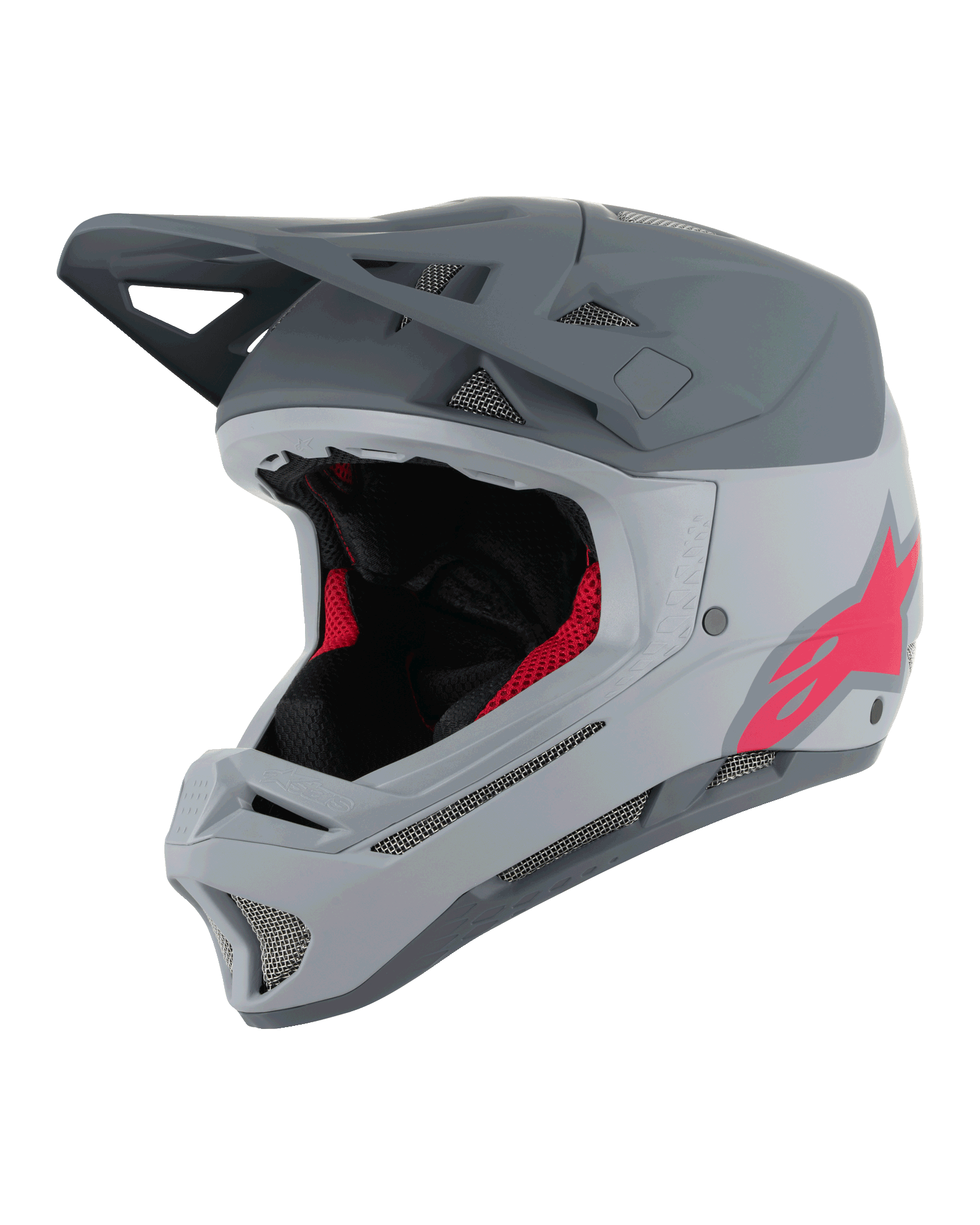 Alpinestars Missile Tech Racer Helmet, casco integral de MTB, gris claro y gris oscuro mate con logo Astars rosa, visera aerodinámica, múltiples ventilaciones de malla, acolchado interior negro y rojo, equipamiento para descenso en bicicleta de montaña
