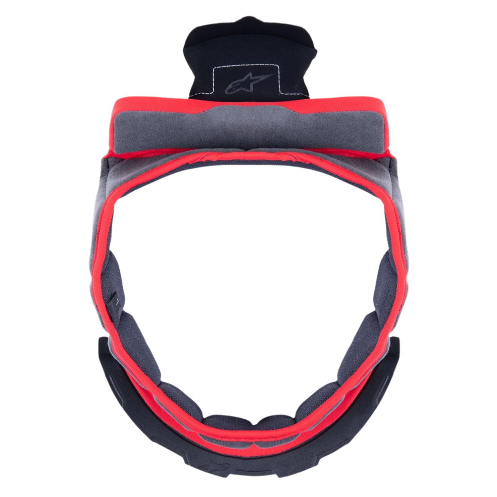 Alpinestars Supertech R10 Crown Pad, acolchado interior de repuesto para casco en color gris, forma circular con ribete rojo y tela gris, incluye componentes de fijación de plástico negro con el logotipo de Alpinestars, diseñado para mejorar la comodidad y personalización del ajuste del casco de moto