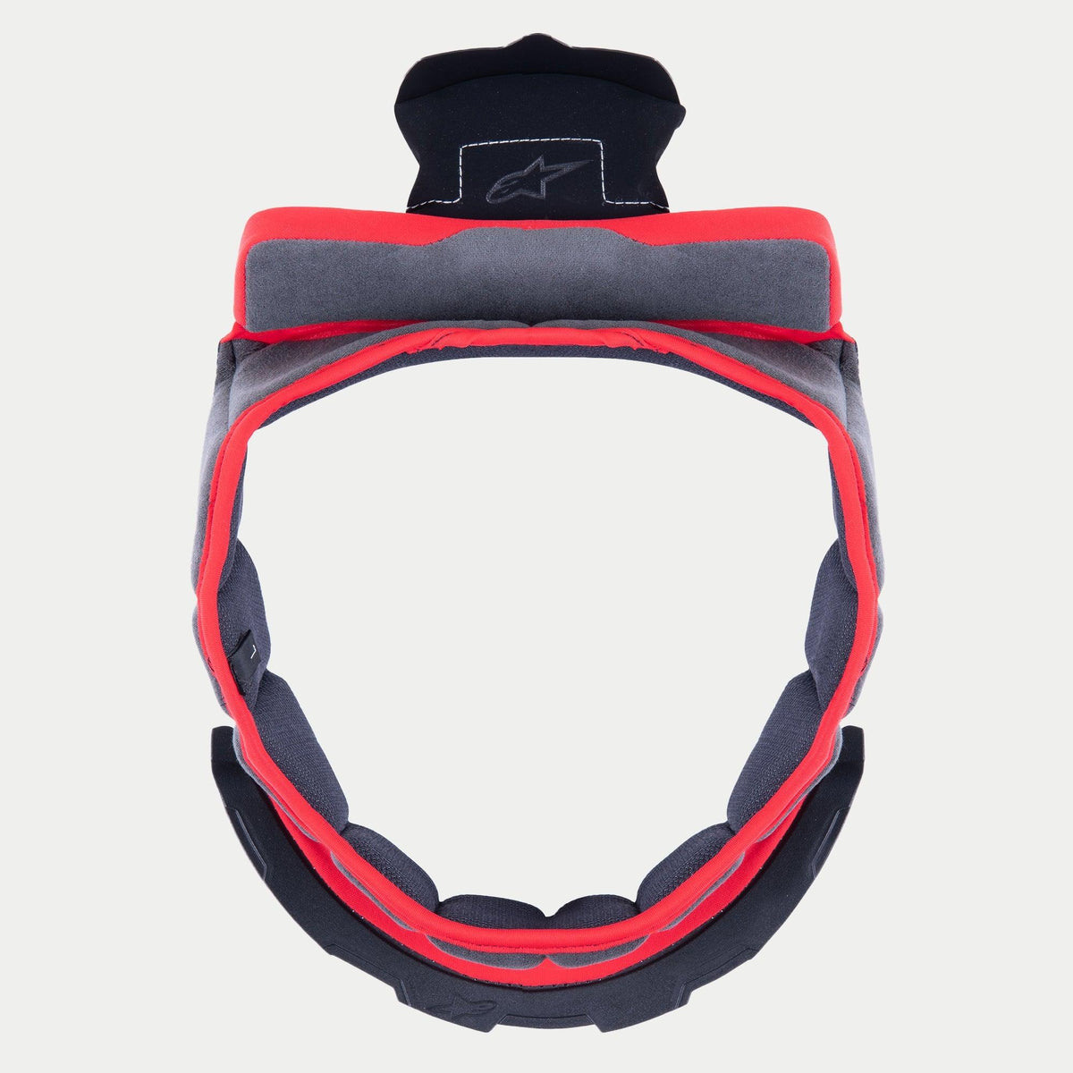 Alpinestars Supertech R10 Crown Pad, almohadilla de corona de repuesto para el interior del casco, tejido suave gris con ribete rojo y pestañas de fijación negras, diseño circular para cascos S-R10, con logotipo de estrella bordado en la pestaña superior