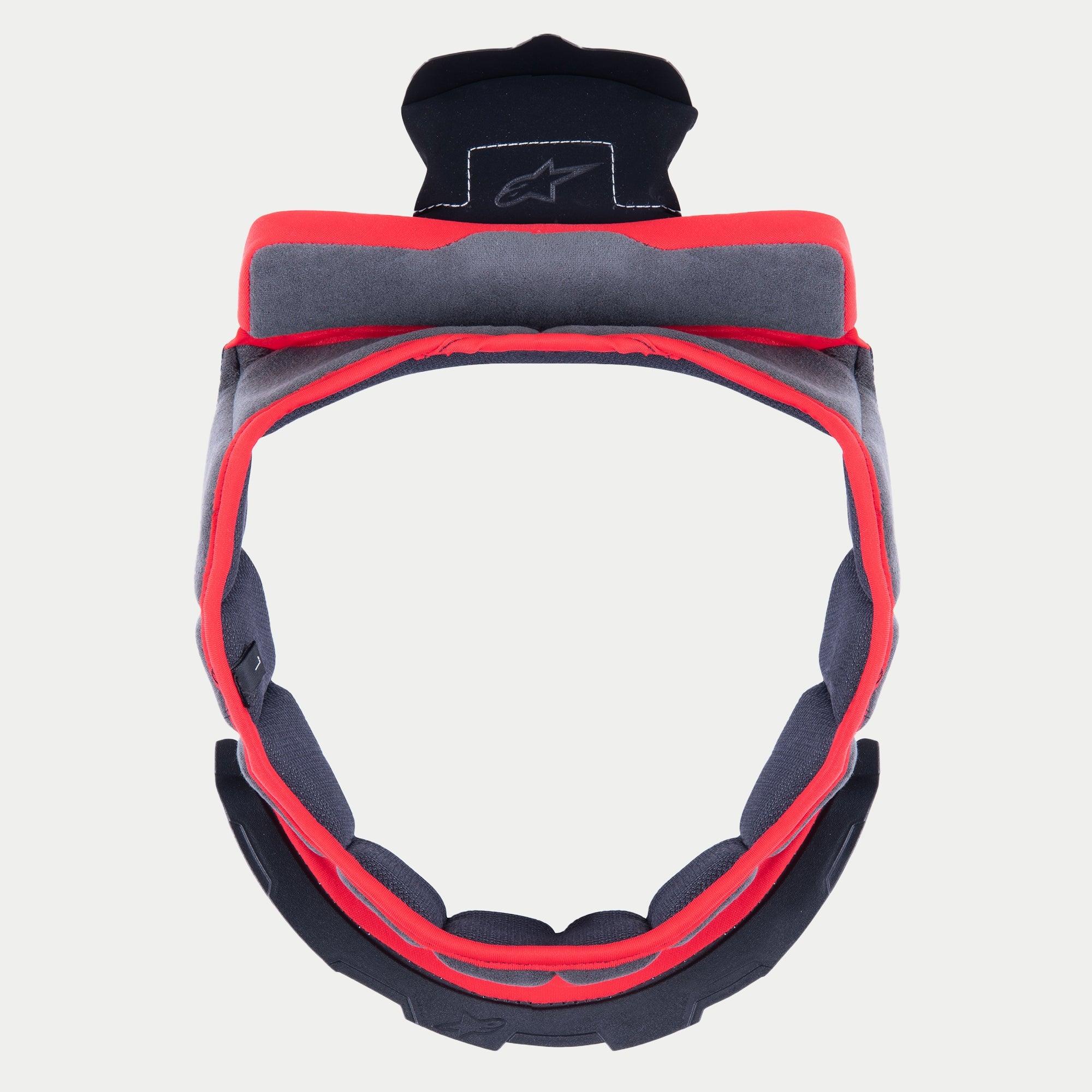Alpinestars Supertech R10 Crown Pad, almohadilla de corona de repuesto para el interior del casco, tejido suave gris con ribete rojo y pestañas de fijación negras, diseño circular para cascos S-R10, con logotipo de estrella bordado en la pestaña superior
