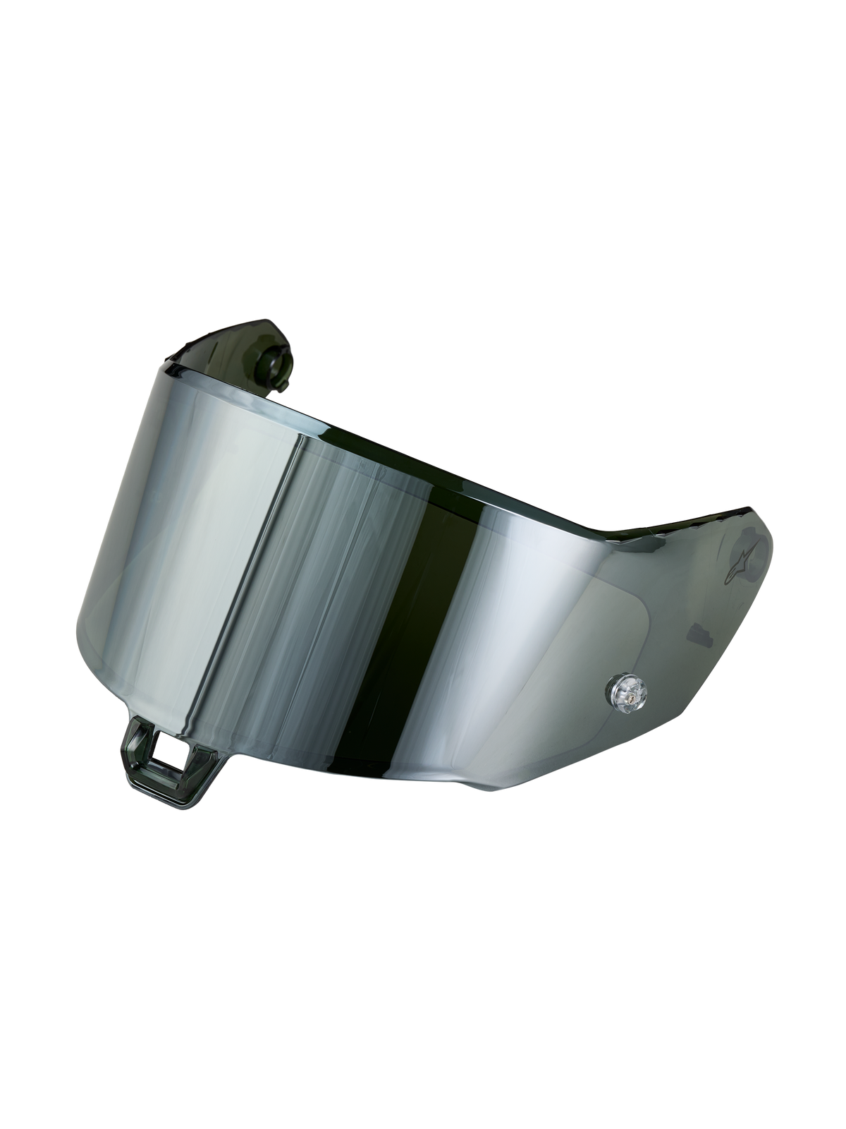 Alpinestars Supertech R-10/R-7 Gen 2.1-R Absolute Vision Shield, motorcycle helmet visor, mirror silver finish, impact-resistant polycarbonate construction, studio product shot against black background