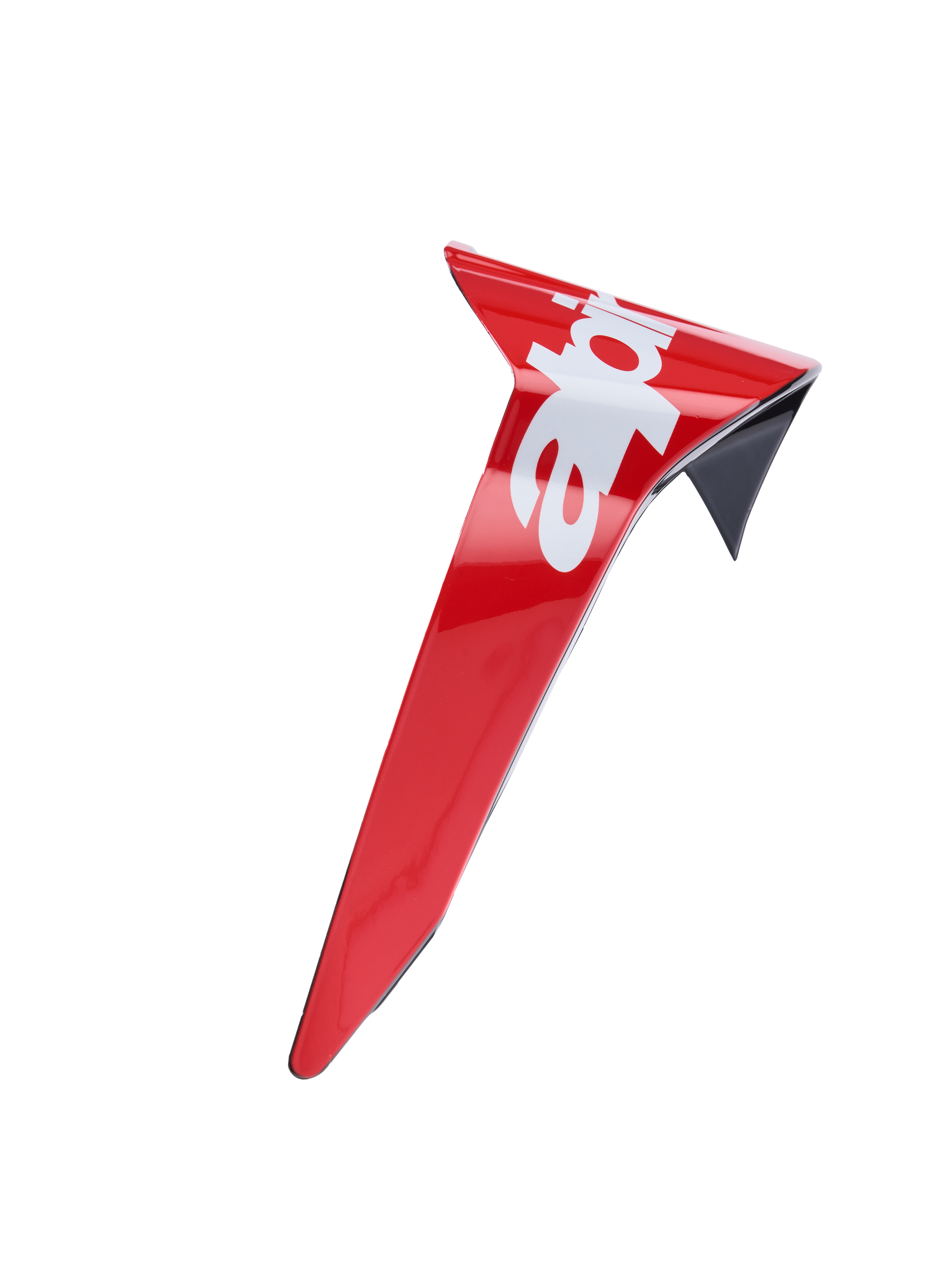 Alpinestars Supertech R10 Arius Standard Spoiler, alerón rojo brillante con diseño aerodinámico, letras blancas, acabado brillante, detalle negro en el borde