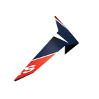 Alpinestars Supertech R10 Team Standard Spoiler, Motorcycle Helmet Accessory, Black Carbon Red Fluo and Dark Blue Matte, aerodynamic wing-like design with an angular profile, featuring a white S logo, official replacement part for S-R10 helmets