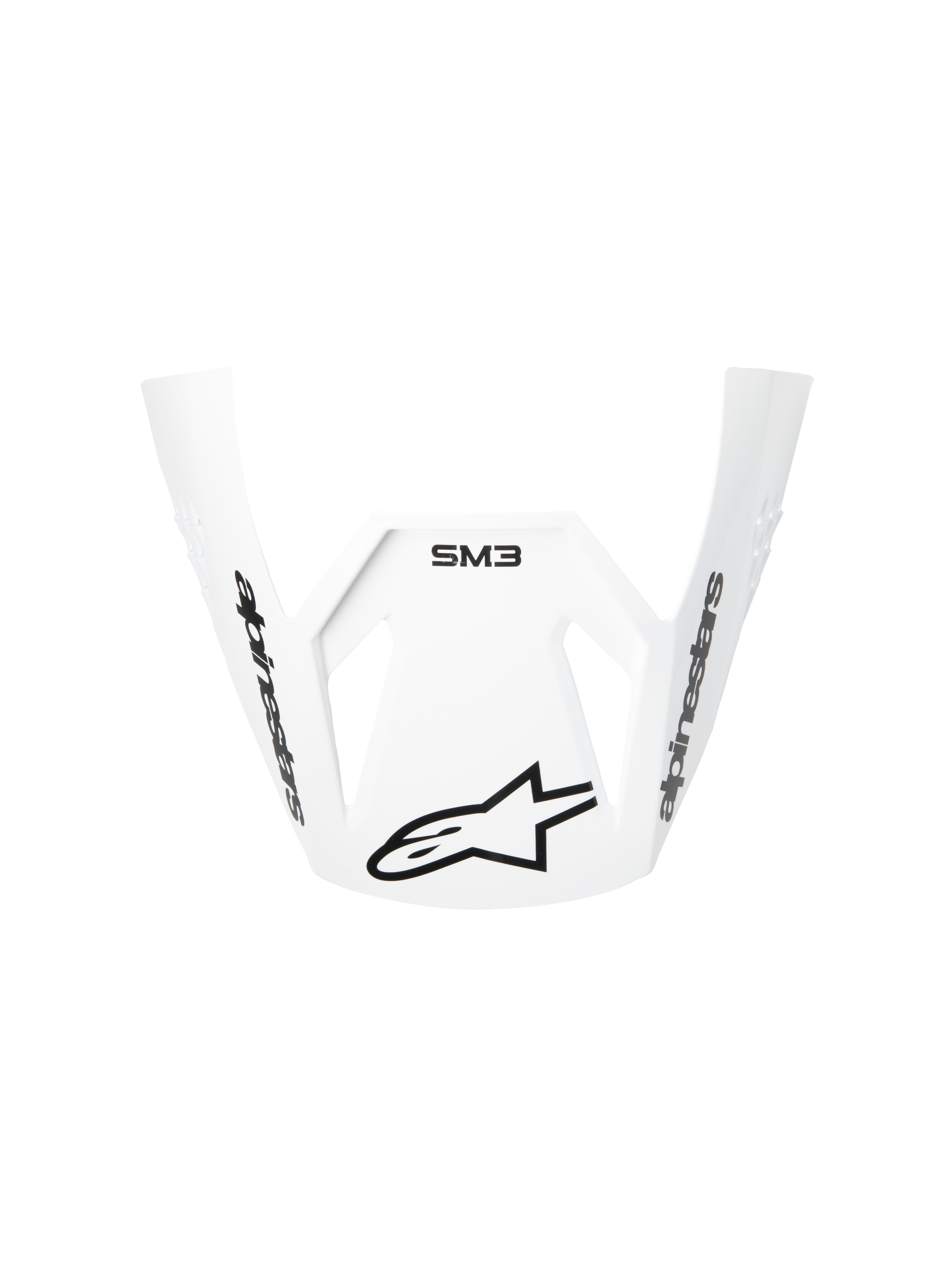 Visera Alpinestars S-M3 Radium ECE06, blanca, visera de repuesto para casco de moto, diseño aerodinámico curvo con logotipos negros de Alpinestars y marca SM3, plástico duradero para rendimiento en motocross