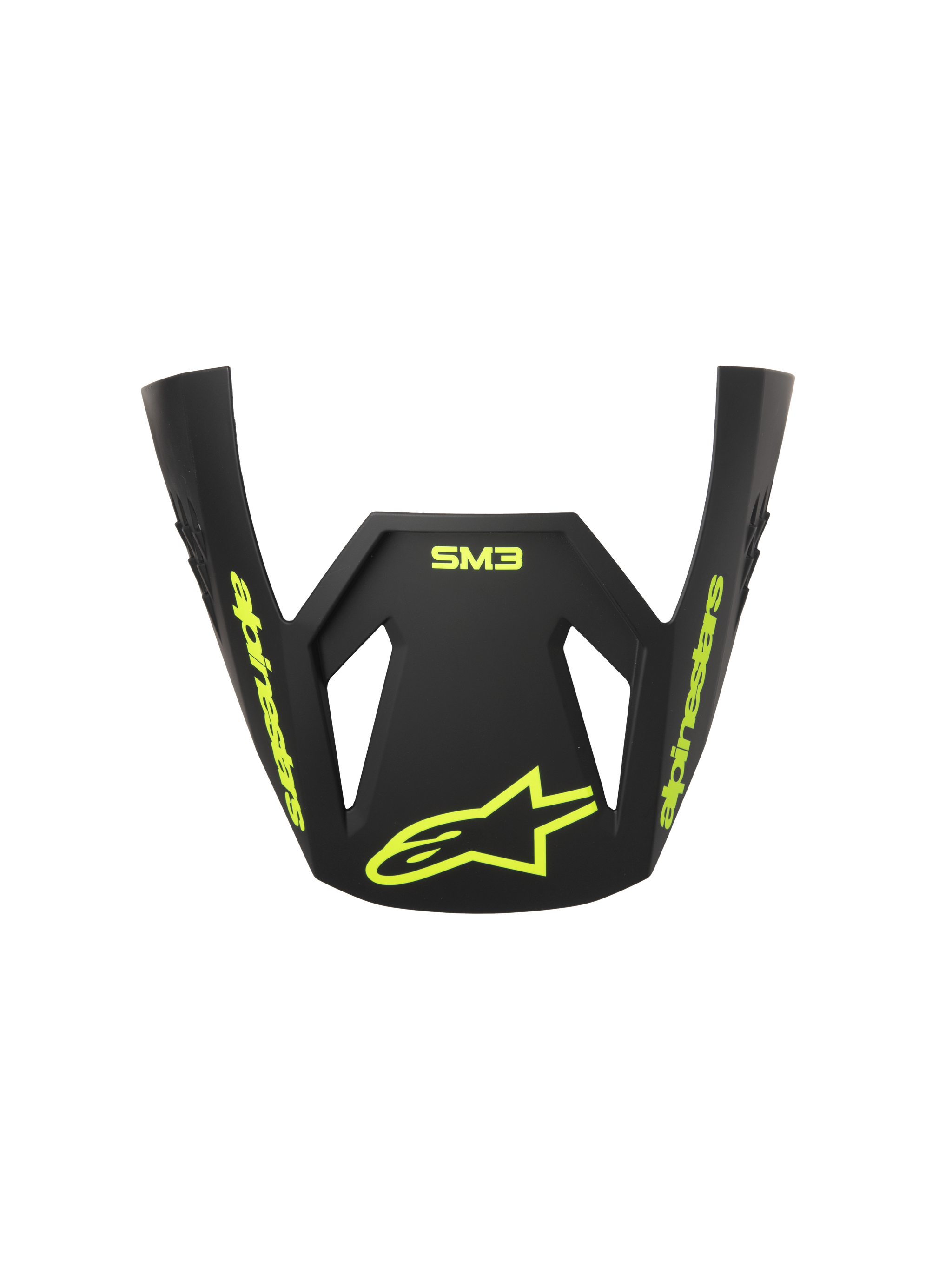 Visera Alpinestars S-M3 Radium ECE06, visera de repuesto para casco de motocross, gris, negro y amarillo flúor mate, con logotipos y marca Alpinestars en amarillo flúor, acabado mate, diseño aerodinámico para carreras todoterreno
