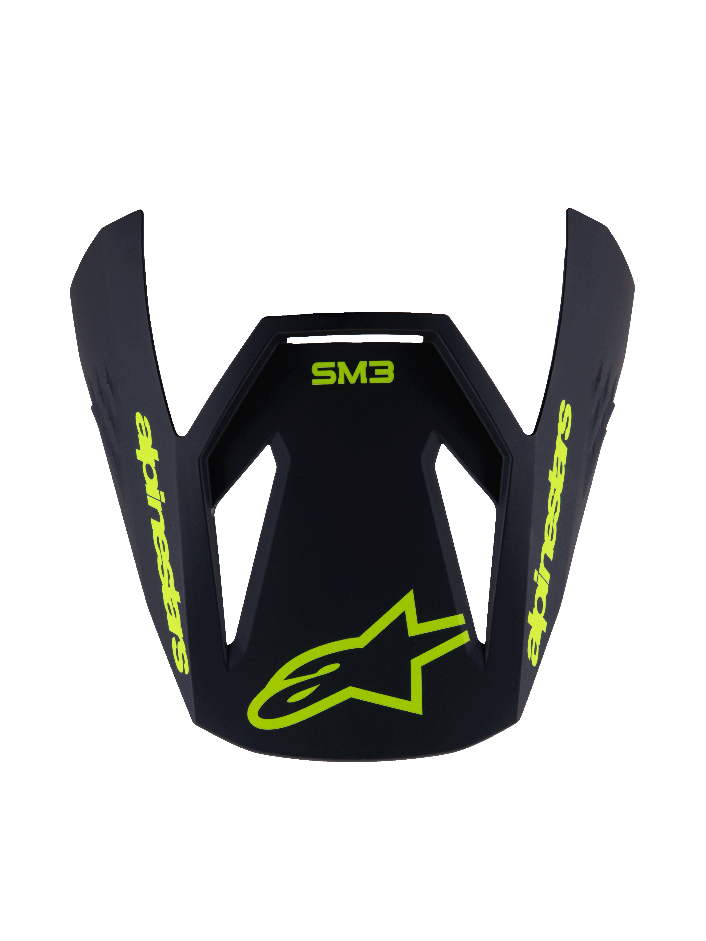 Visera Alpinestars S-M3 Youth Radium, visera de repuesto para casco, negro mate con gráficos en amarillo fluorescente, con el logotipo SM3 y la marca Alpinestars, diseño aerodinámico angular para cascos de motocross