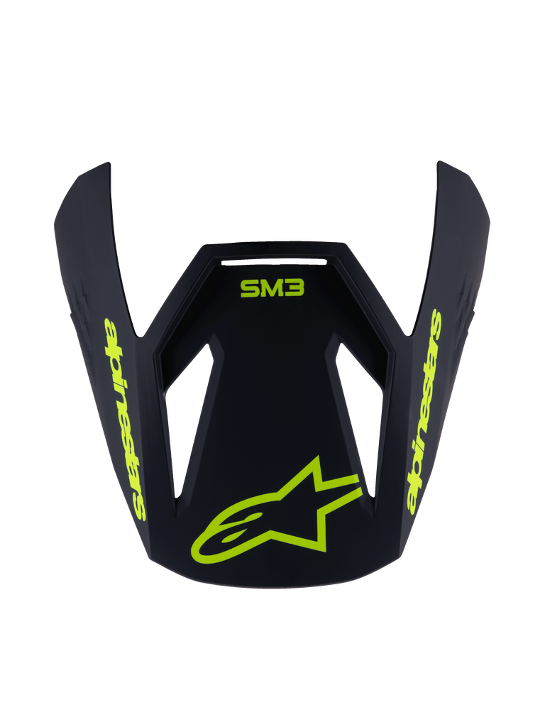 Visera Alpinestars S-M3 Youth Radium, visera de repuesto para casco, negro mate con gráficos en amarillo fluorescente, con el logotipo SM3 y la marca Alpinestars, diseño aerodinámico angular para cascos de motocross