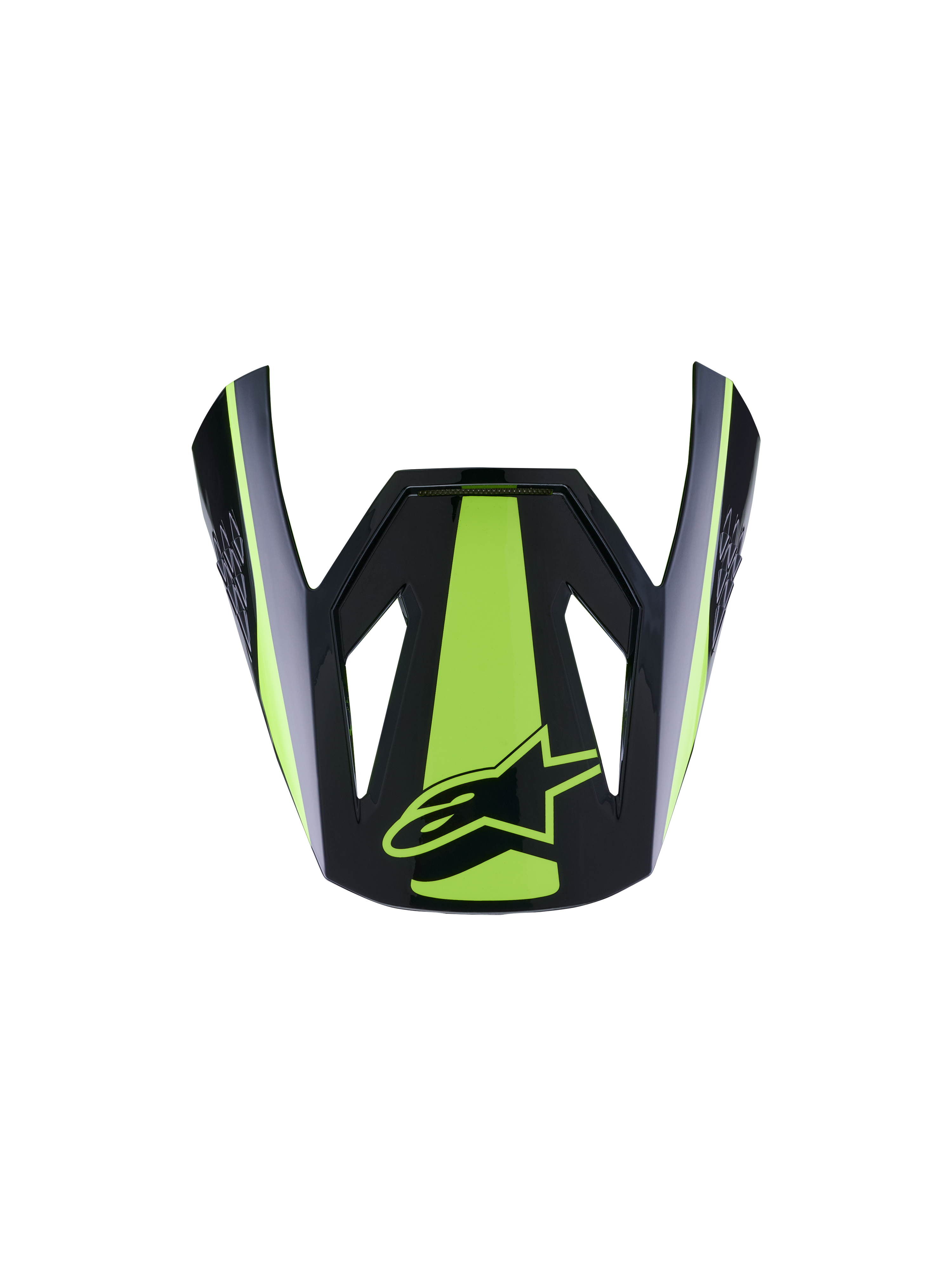 Alpinestars S-M3 Heat Visor ECE06, visera de casco para moto, amarillo flúor y negro brillante, con una llamativa franja central y detalles laterales en amarillo fluorescente, acabado en negro brillante con el logo de la estrella en amarillo, diseño de visera aerodinámica para cascos de motocross