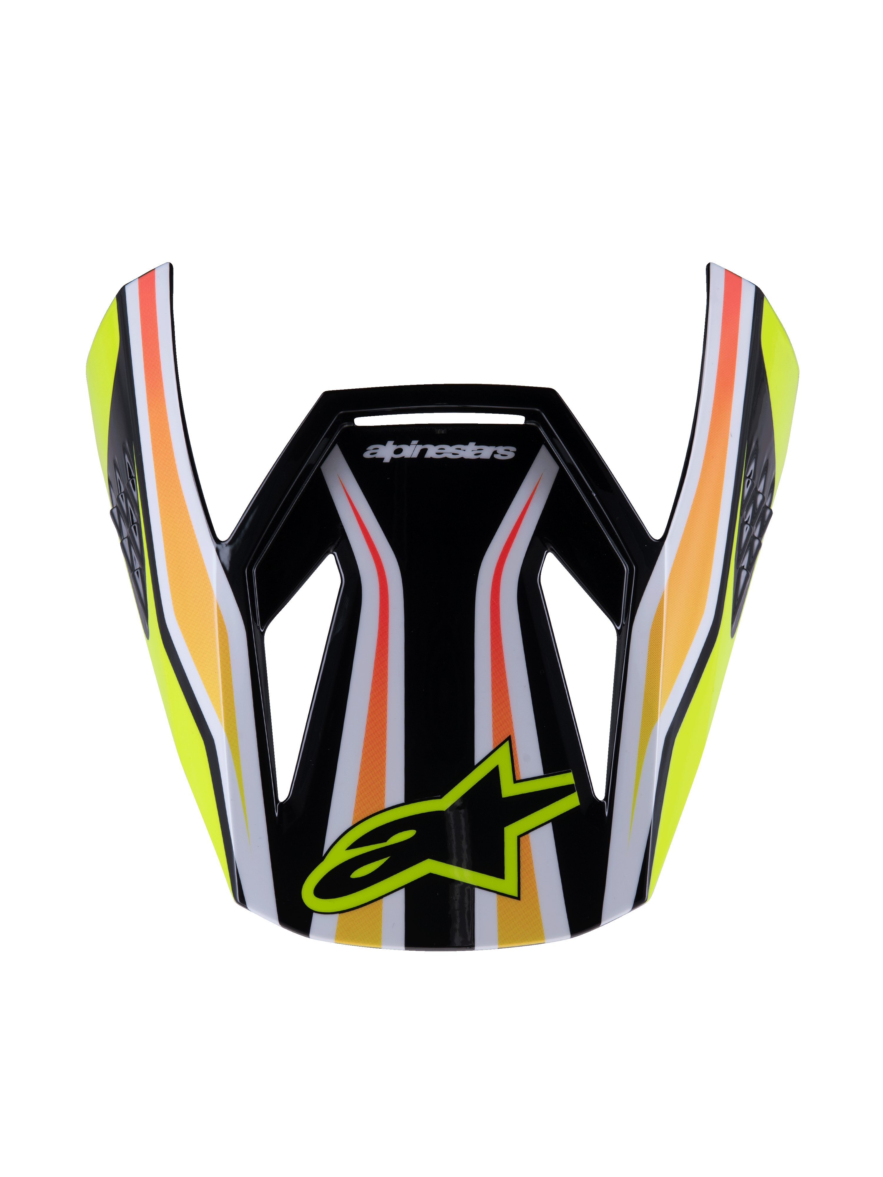 Alpinestars S-M3 Youth Wurx Visor, visera para casco de motocross, negra con franjas amarillas, naranjas y rojas, con el logotipo amarillo de Alpinestars, diseño aerodinámico brillante, visera de repuesto para carreras todoterreno juveniles