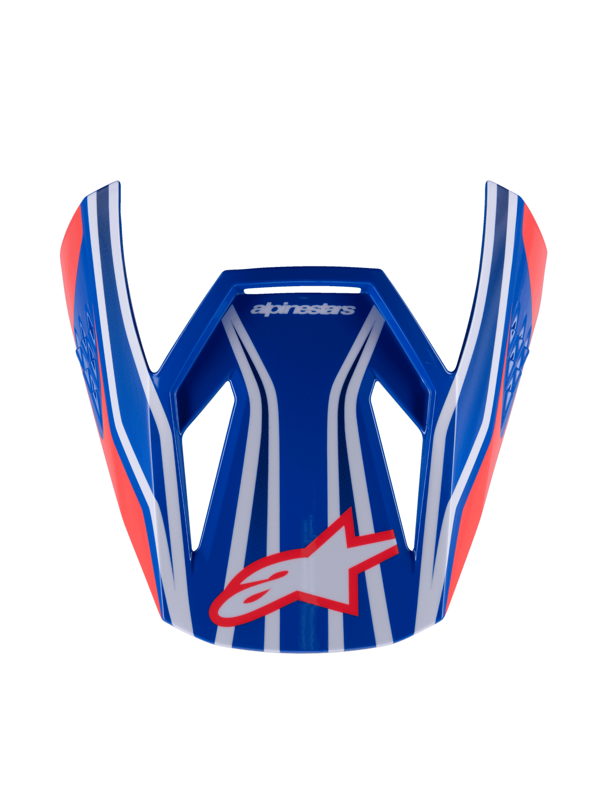 Visera Alpinestars S-M3 Youth Wurx, visera para casco de motocross, azul, roja y blanca con detalles en negro, acabado brillante con franjas llamativas y logotipo Astar, visera de repuesto aerodinámica y angular para cascos de MX juveniles
