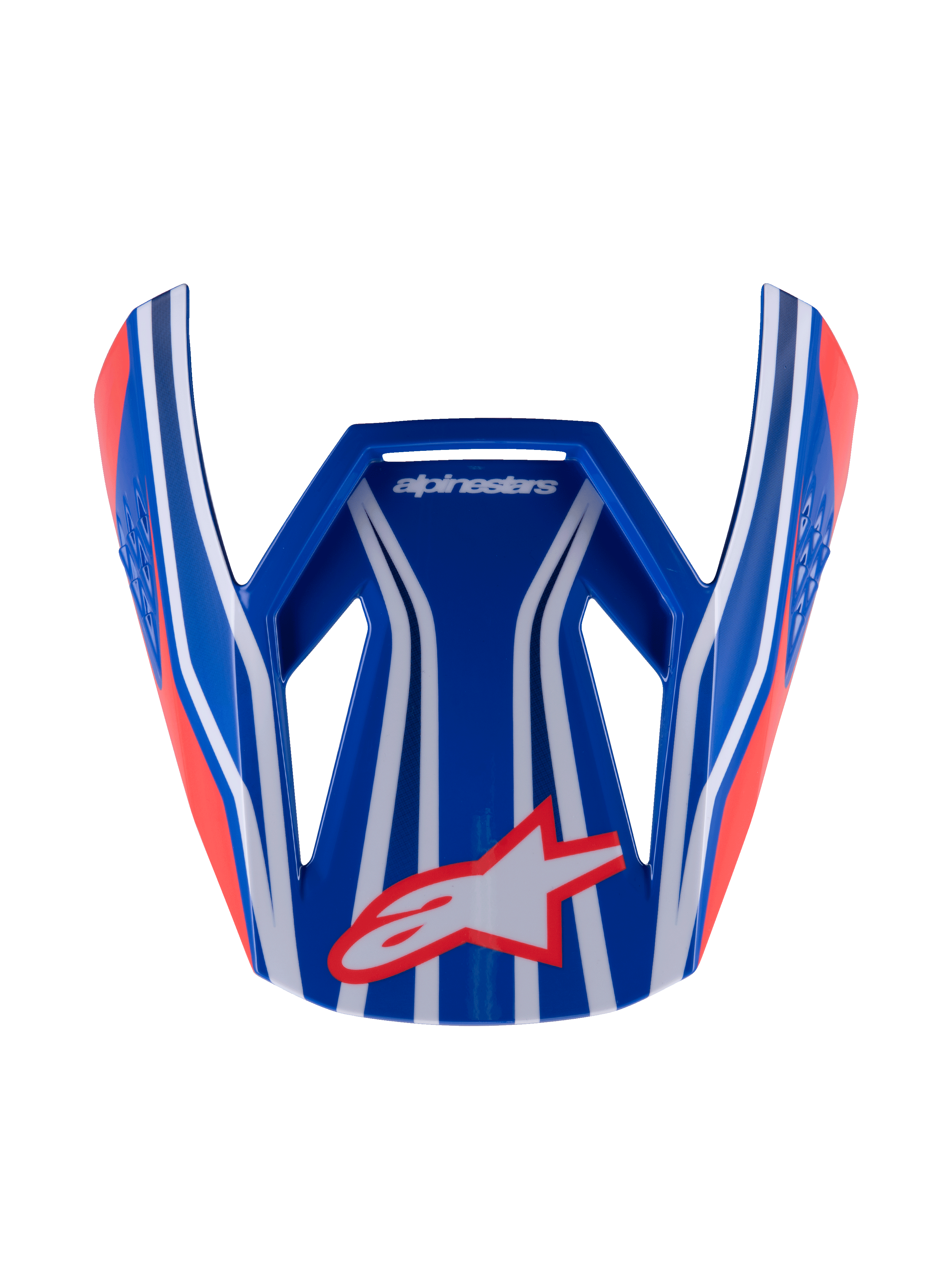 Visera Alpinestars S-M3 Youth Wurx, visera para casco de motocross, azul, roja y blanca con detalles en negro, acabado brillante con franjas llamativas y logotipo Astar, visera de repuesto aerodinámica y angular para cascos de MX juveniles