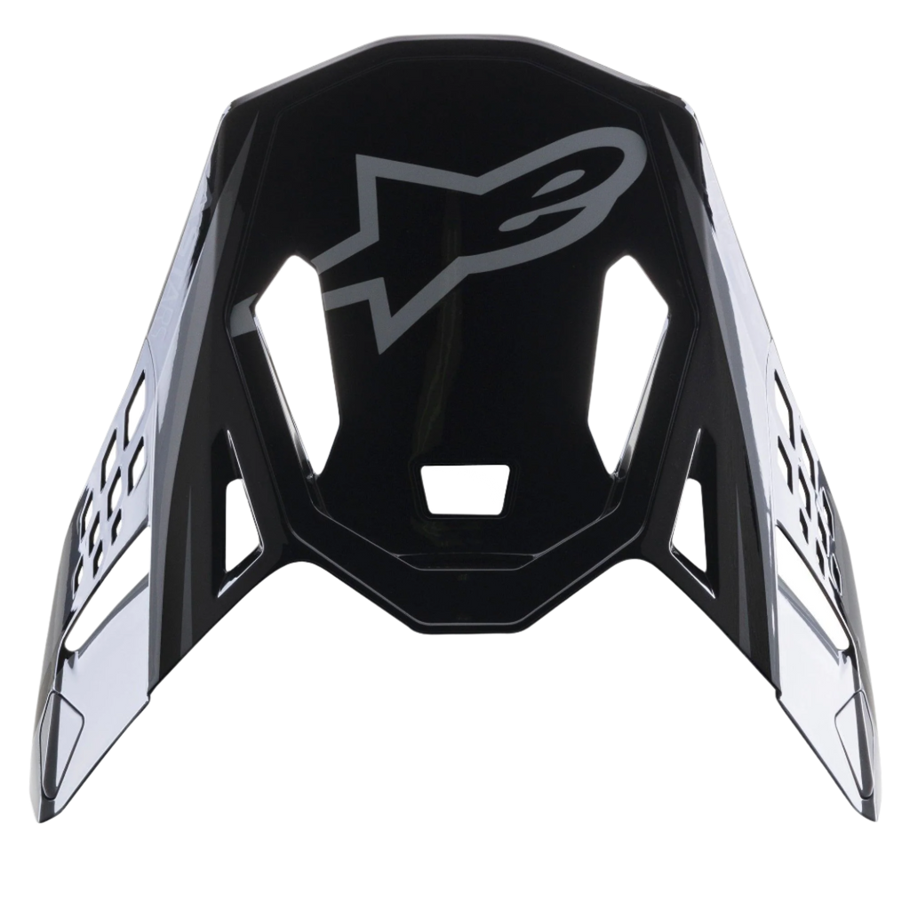 Visera Alpinestars Supertech M10 Carbon Meta2, visera de repuesto en negro y gris brillante, con el logotipo gris de Alpinestars y aberturas de ventilación aerodinámicas, accesorio para casco de motocross