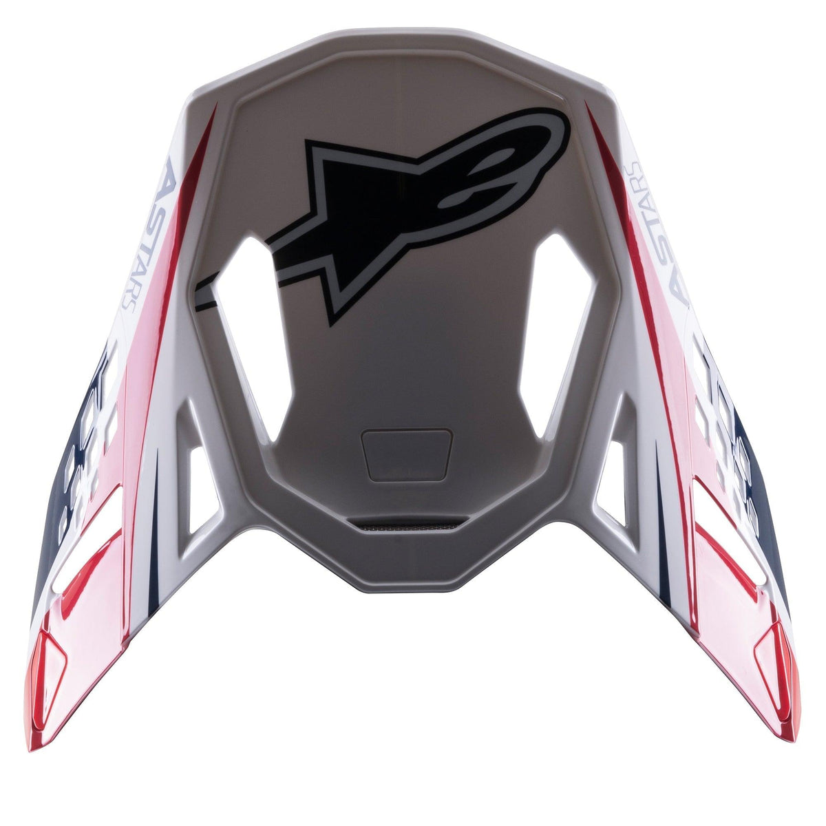 Visera Alpinestars Supertech M10 Carbon Meta2, visera de repuesto para casco, blanca, roja y azul con acabado brillante, con logotipo de Astars en negro y gráficos dinámicos, diseñada para cascos de motocross off-road