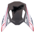 Visera Alpinestars Supertech M10 Carbon Meta2, accesorio para casco de motocross, acabado brillante en blanco, rojo y azul, con un gran logotipo negro de Astar en la parte superior y marca lateral, diseño aerodinámico con aberturas de ventilación para cascos off-road