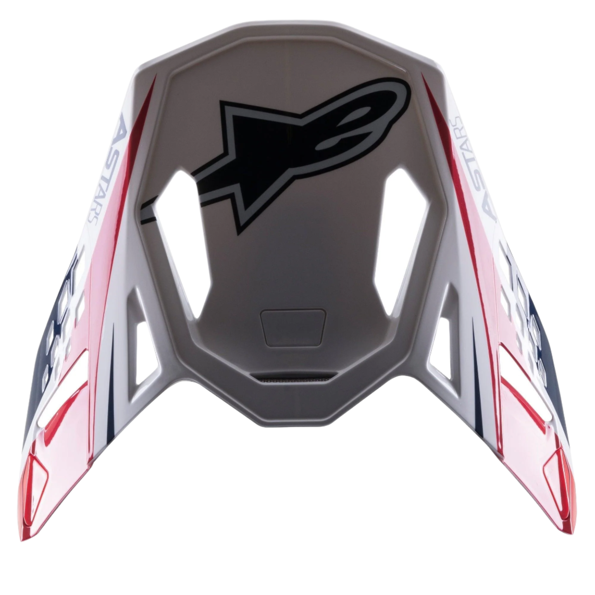 Visera Alpinestars Supertech M10 Carbon Meta2, accesorio para casco de motocross, acabado brillante en blanco, rojo y azul, con un gran logotipo negro de Astar en la parte superior y marca lateral, diseño aerodinámico con aberturas de ventilación para cascos off-road