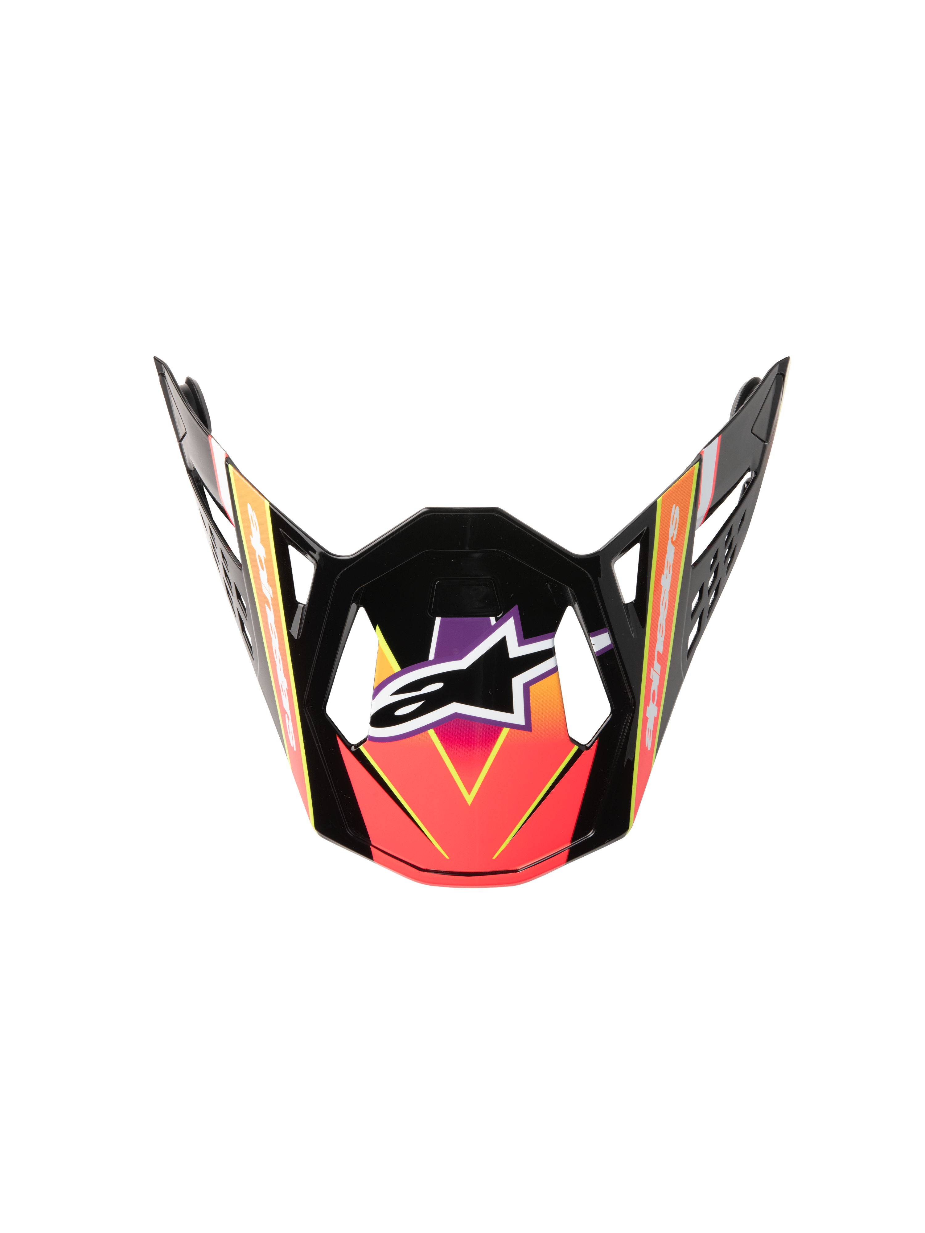 Alpinestars Supertech M10 Era Visor, visera de casco para motocross, degradado brillante rosa violeta y amarillo flúor, estructura negra brillante, forma aerodinámica angular con logo blanco central, repuesto oficial para competición off-road