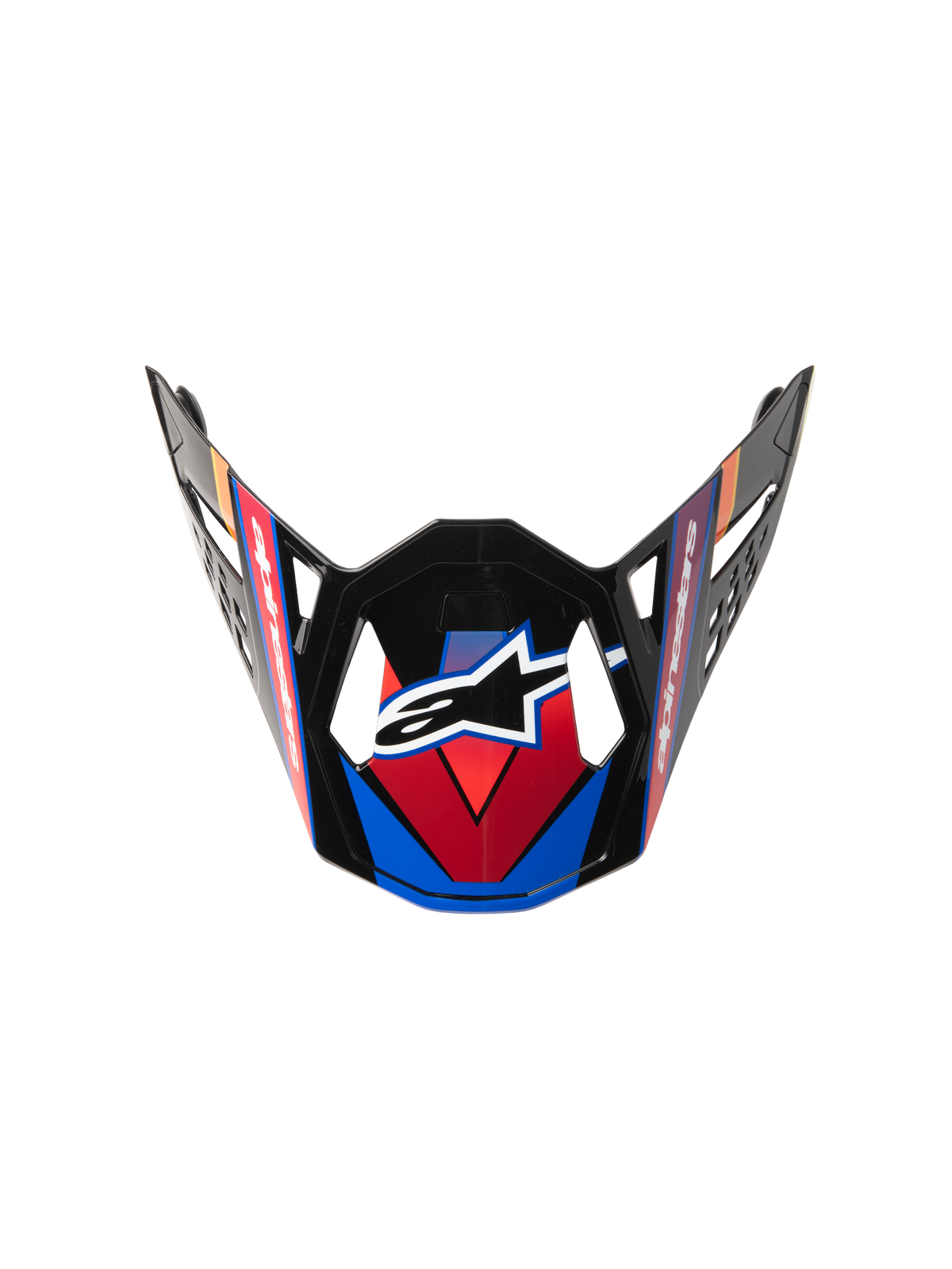 Supertech M10 Era Visor, Motocross Helmet Replacement Visor, Blue Red and Yellow Fluo, glossy black finish with angular graphics, central white star logo, and aerodynamic vent cutouts