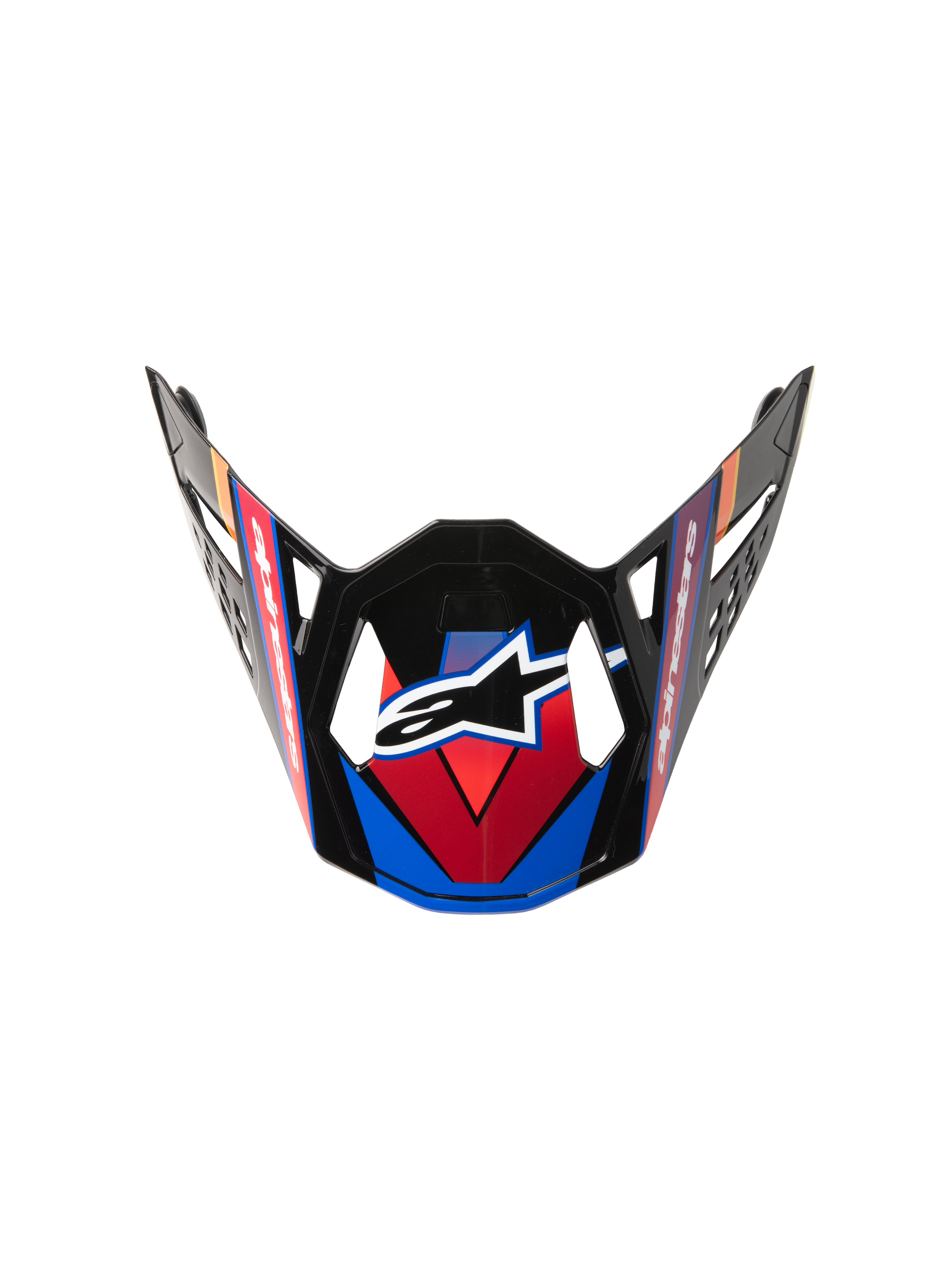 Visera Alpinestars Supertech M10 Era, visera de repuesto para casco de motocross, azul, rojo y amarillo flúor, acabado negro brillante con gráficos angulares, logotipo de estrella blanca central y aberturas de ventilación aerodinámicas.