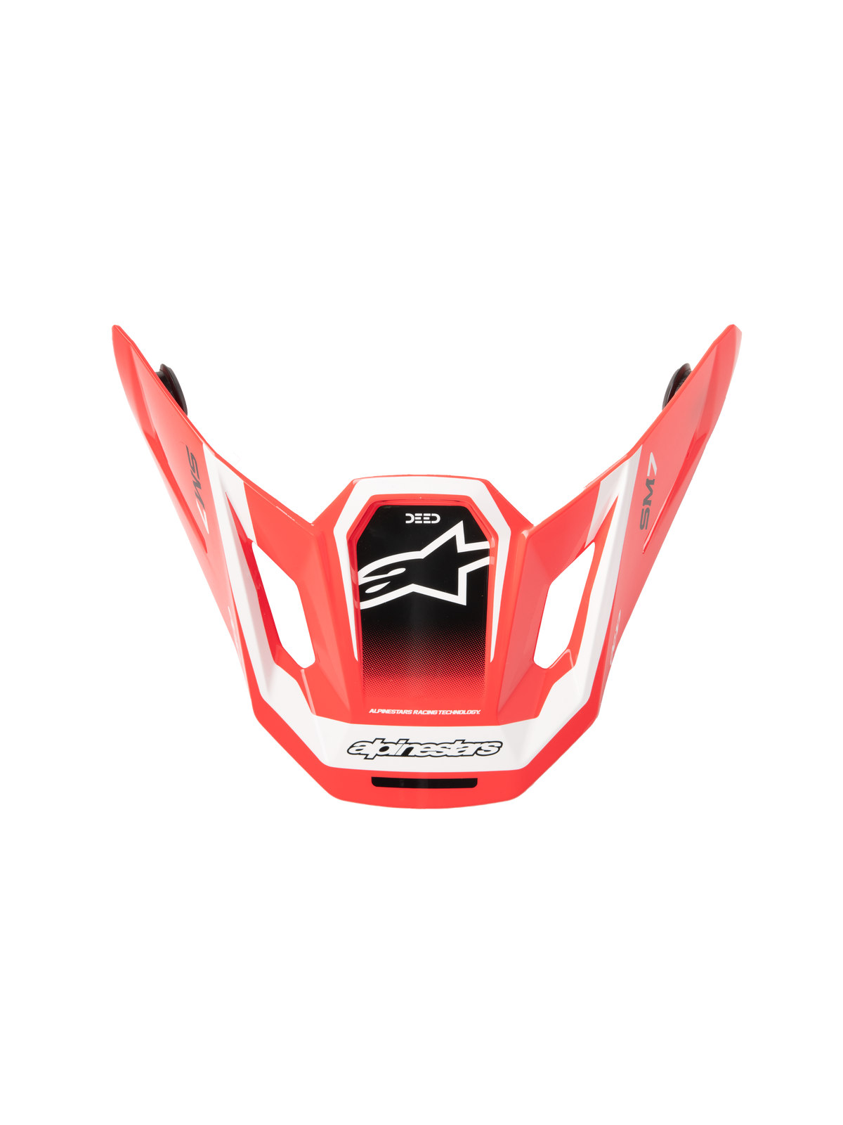 Alpinestars S-M7 Deed ECE06 Visor, MX Helmet Visor, Red Black and White Glossy, angular aerodynamic design with white star logo on black central panel, featuring SM7 and Deed branding, glossy finish for off-road performance