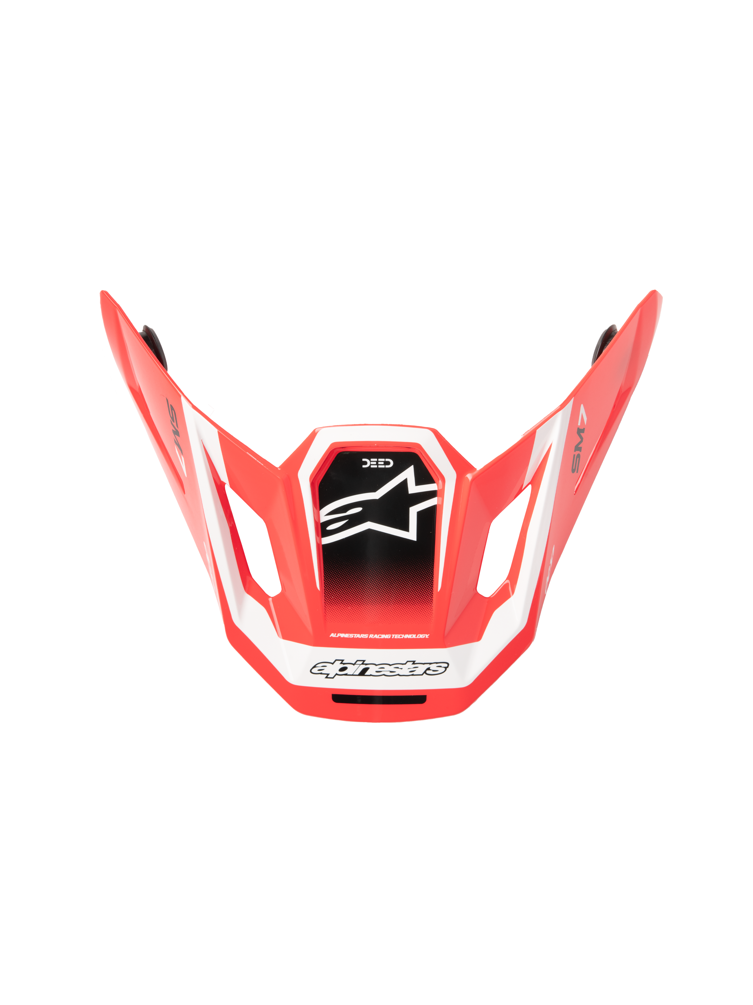 Visera Alpinestars S-M7 Deed ECE06, visera para casco de motocross, roja, negra y blanca brillante, diseño aerodinámico angular con logotipo de estrella blanca en el panel central negro, incluye marcas SM7 y Deed, acabado brillante para rendimiento off-road