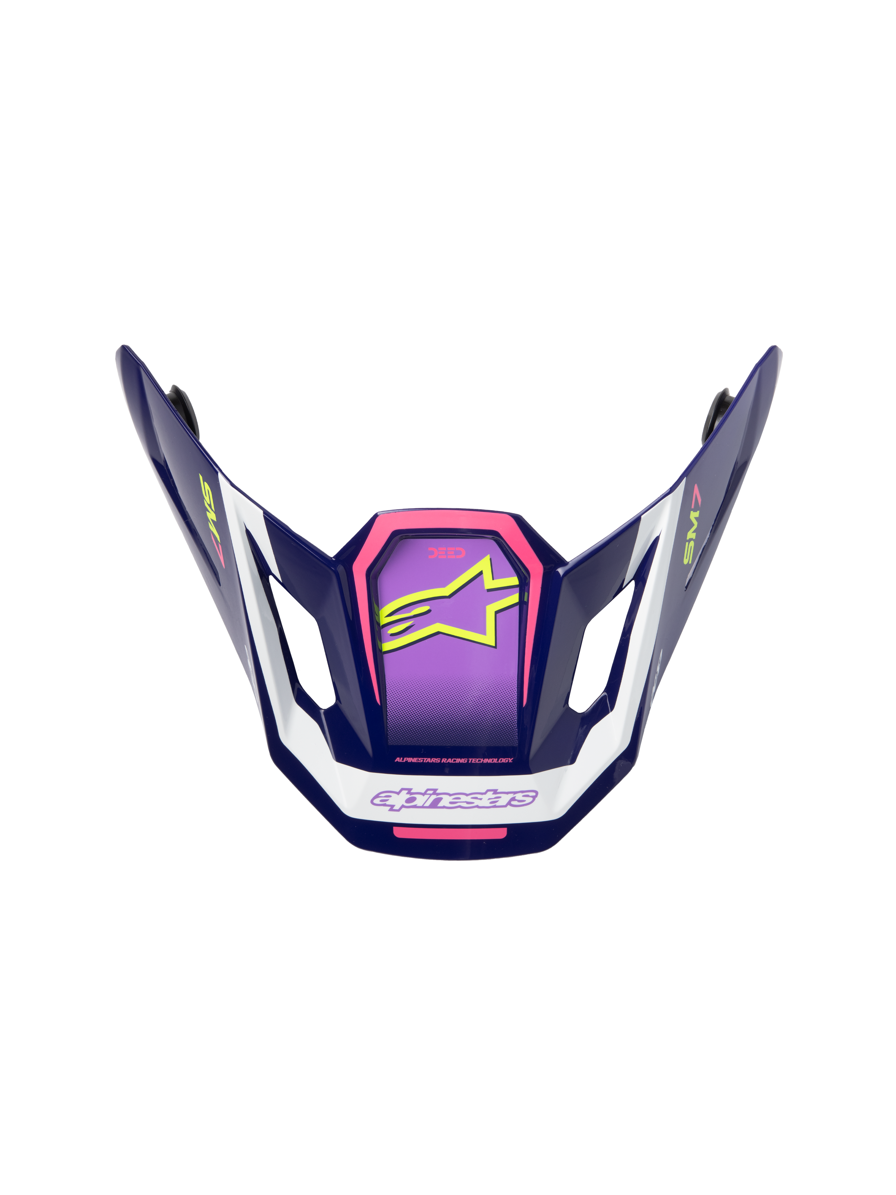 Alpinestars S-M7 Deed Visor, Motocross Helmet Accessory, Purple Pink and White, glossy finish featuring neon yellow star logo and SM7 branding, angular aerodynamic design for off-road racing