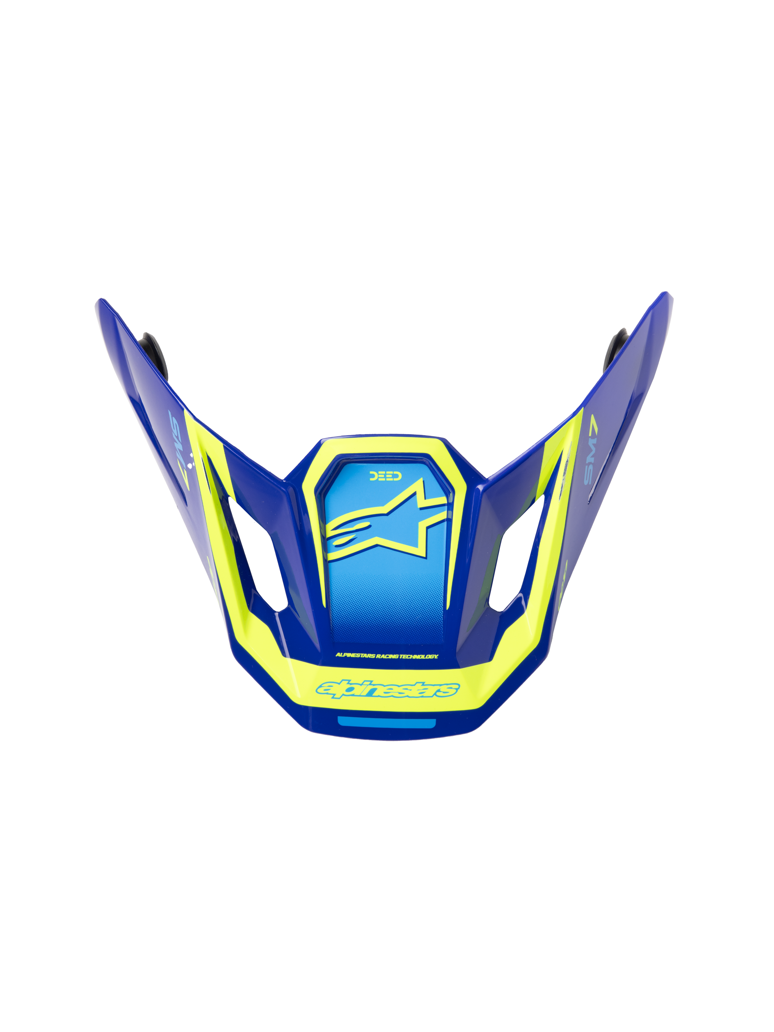 Visera Alpinestars S-M7 Deed ECE06, visera de repuesto para casco de motocross, azul y amarillo flúor con acabado brillante, diseño aerodinámico angular con ventilaciones laterales, con logotipos y gráficos amarillos destacados de Alpinestars