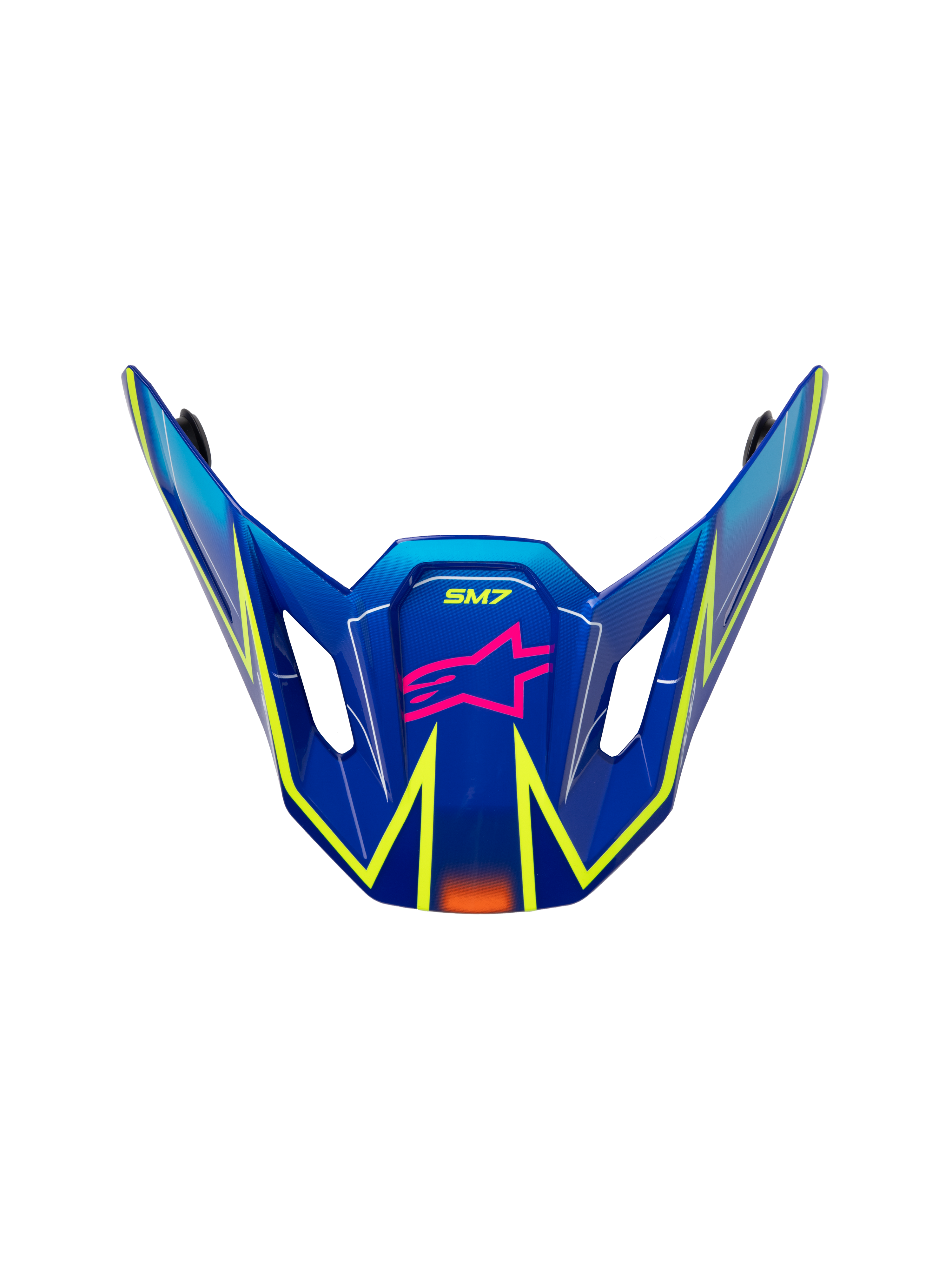 Alpinestars S-M7 Cast Visor, visera de repuesto para casco de motocross, azul brillante con detalles en rosa y amarillo flúor, con el logotipo de la estrella en rosa y la marca SM7, diseño aerodinámico con aberturas de ventilación laterales