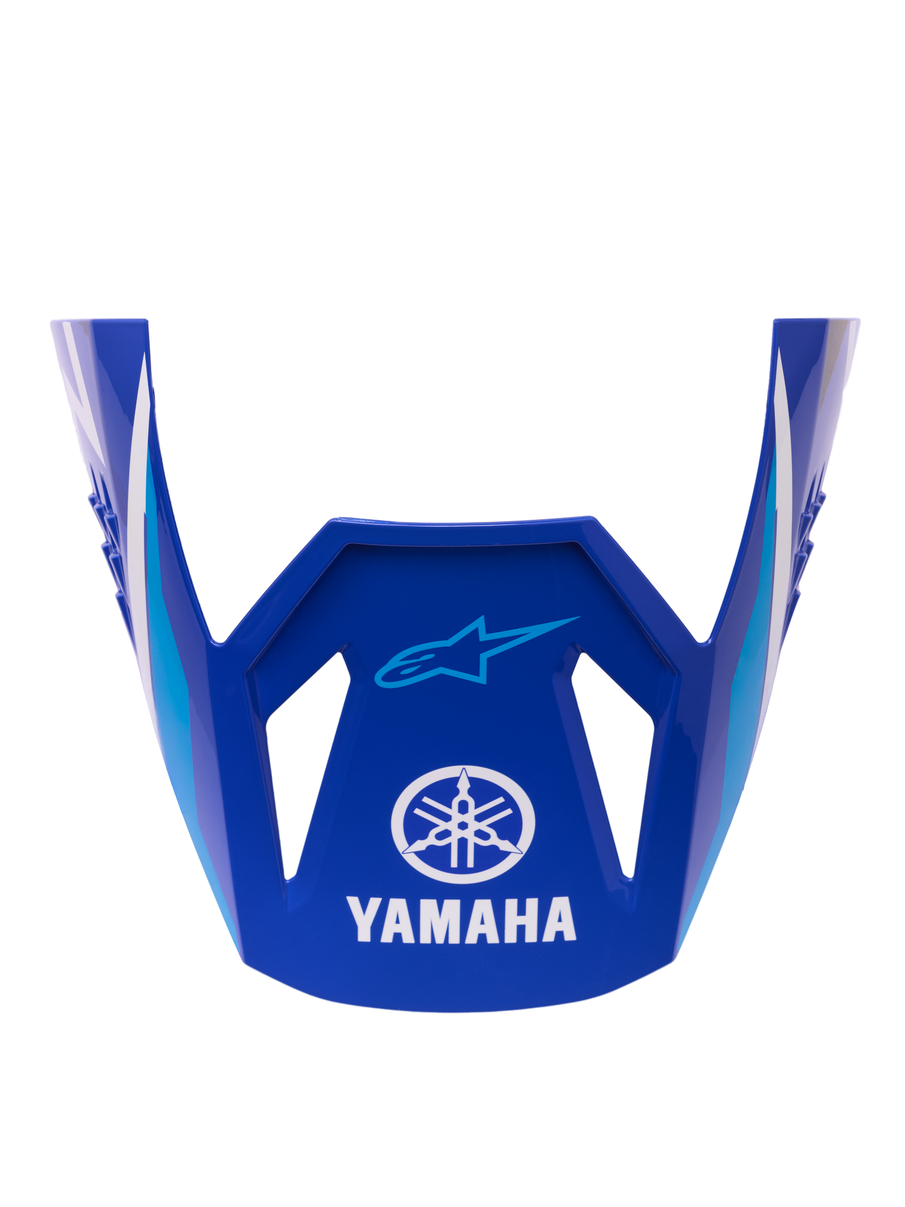 Alpinestars Yamaha S-M3 Visor ECE 22.06, visera de repuesto para casco, azul brillante con acentos geométricos en blanco y azul claro, con el logotipo blanco de Yamaha y la marca azul Astar de Alpinestars, pieza de repuesto oficial para cascos de motocross