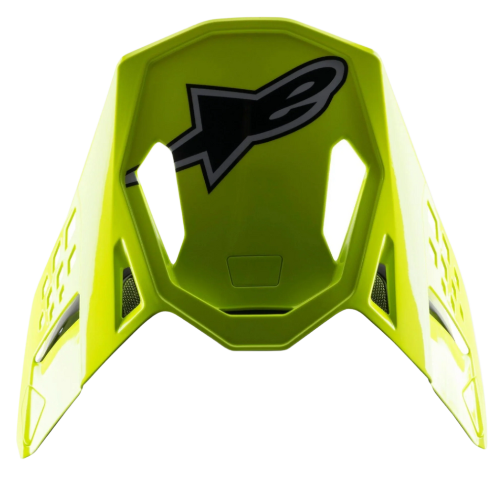 Visera Alpinestars S-M8 Factory, visera de repuesto para casco de motocross, amarillo flúor brillante, con un gran logotipo de Alpinestars en negro y gris en la parte superior, acabado brillante con aberturas aerodinámicas, accesorio a presión para cascos Supertech M8