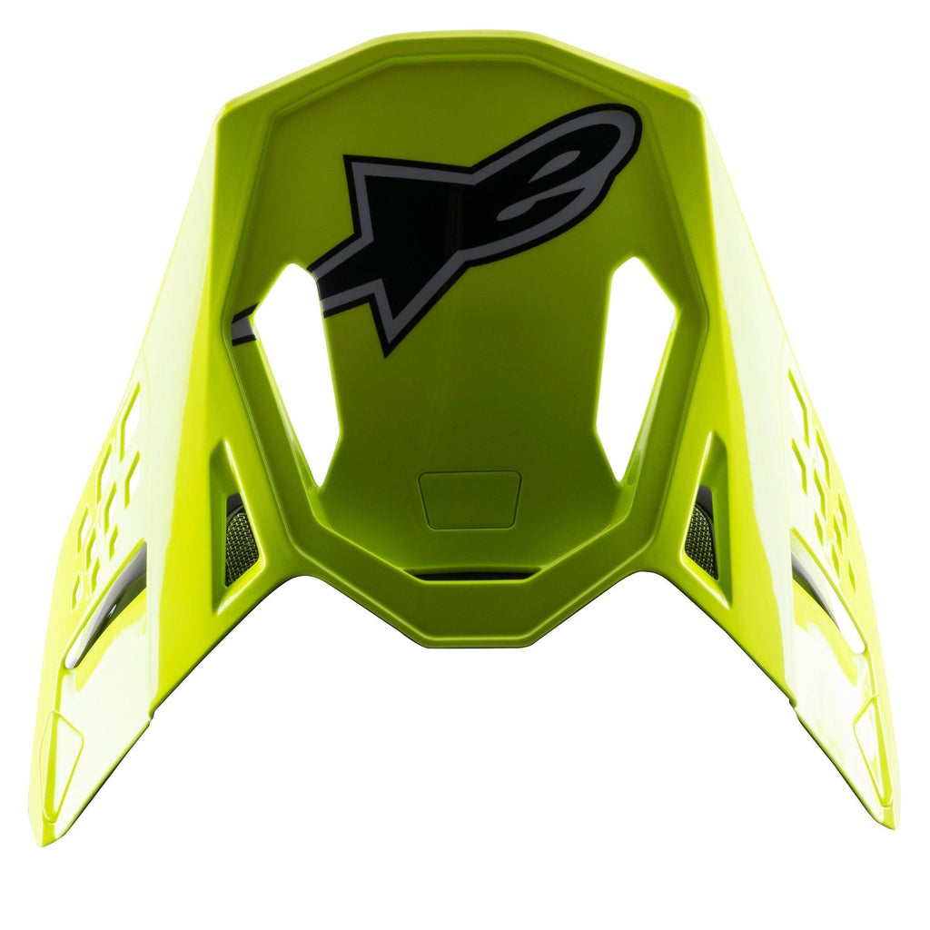 Visera Alpinestars S-M8 Factory, visera de repuesto para casco de motocross, color amarillo flúor brillante, con el logo de Alpinestars en negro y aberturas aerodinámicas, compatible con cascos Supertech M8