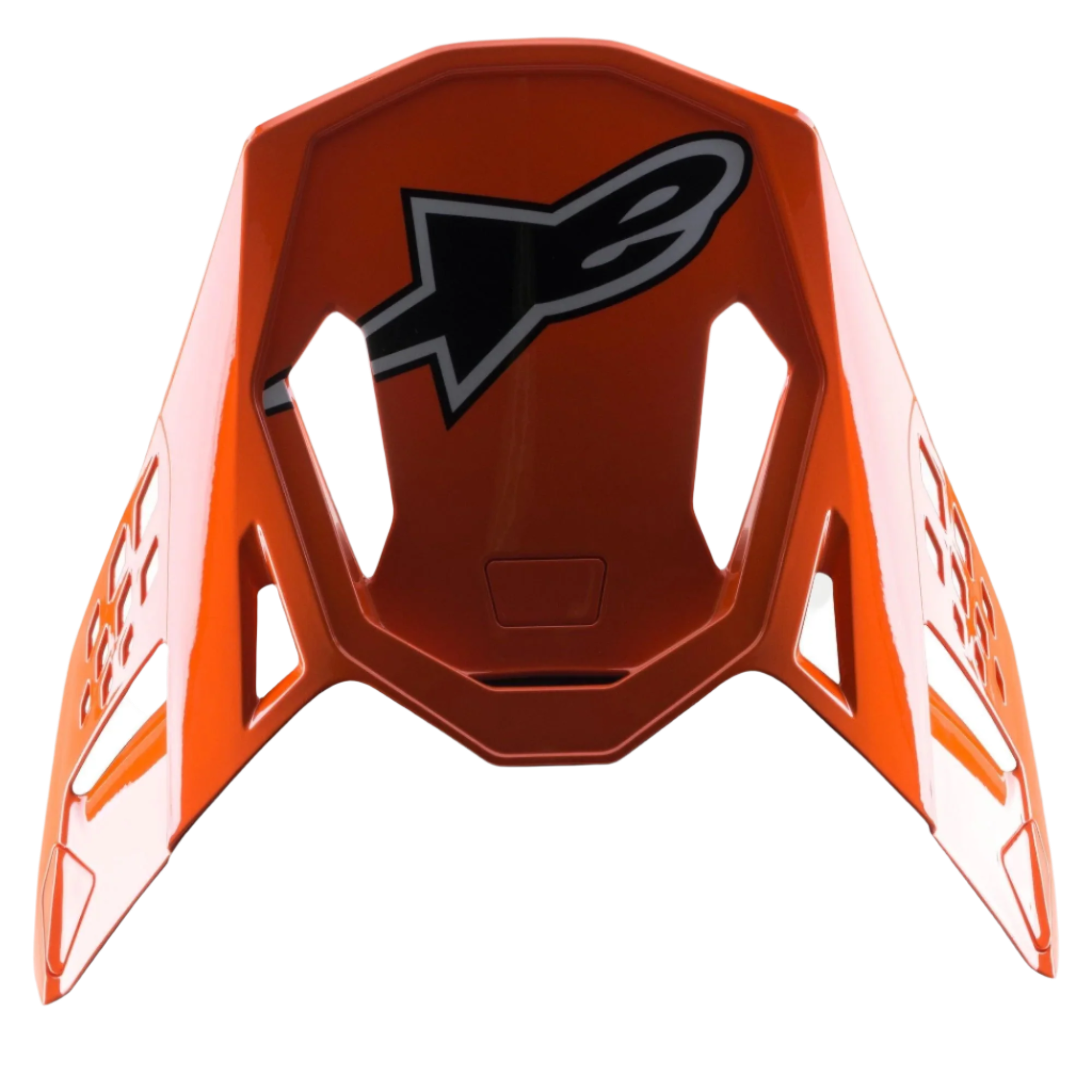 Visera Alpinestars S-M8 Factory, accesorio para casco de motocross, naranja brillante con gran logotipo de Alpinestars en blanco y negro, recortes de ventilación aerodinámicos, visera de repuesto para cascos Supertech M8