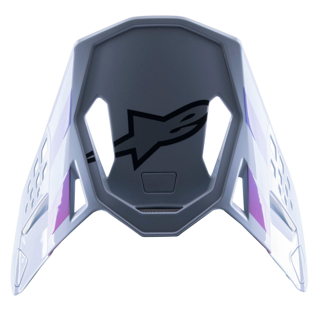 Visera Alpinestars Supertech M10 Daytona 23 LE, visera de repuesto para motocross, gris Haze con detalles en púrpura y blanco, con un logotipo negro en la parte inferior, diseño ligero y ventilado para carreras de motocross