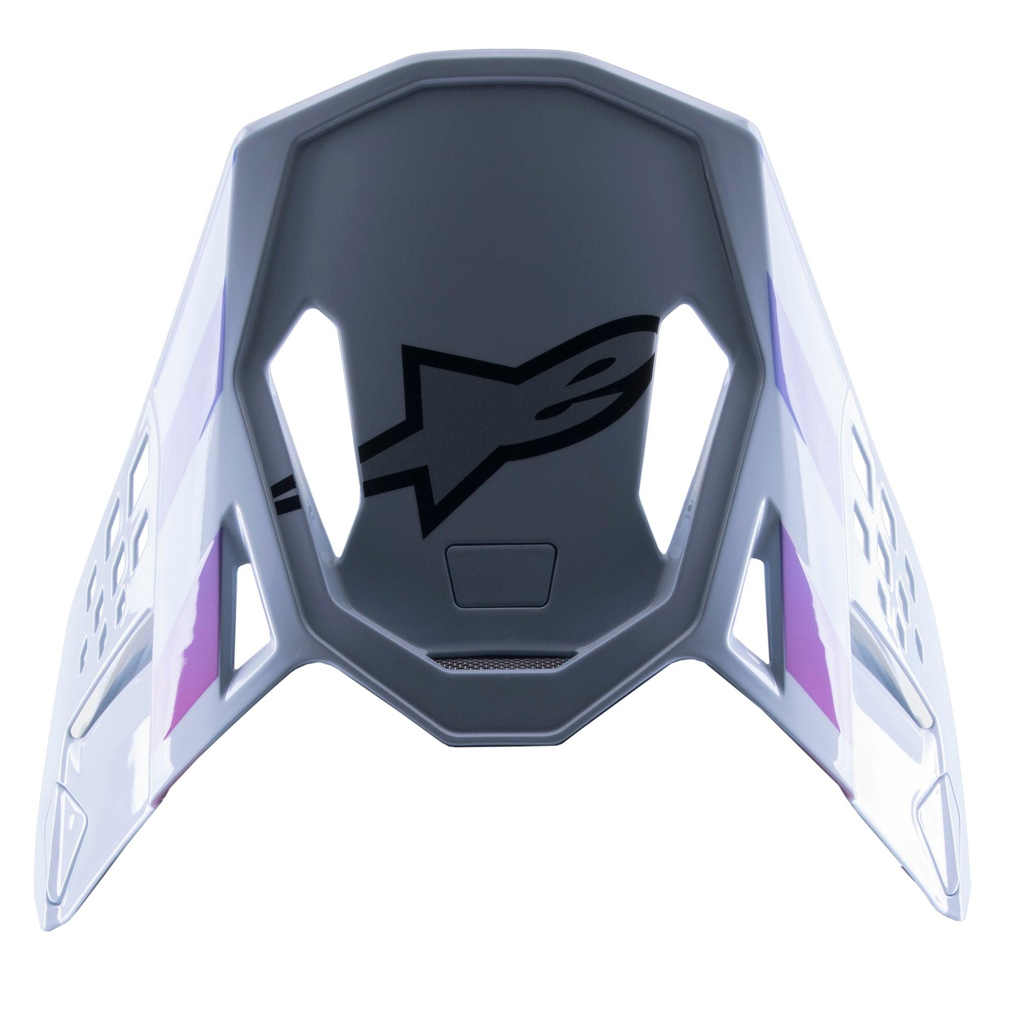 Visera Alpinestars Supertech M10 Daytona 23 LE, visera de repuesto para motocross, gris Haze con detalles en púrpura y blanco, con un logotipo negro en la parte inferior, diseño ligero y ventilado para carreras de motocross