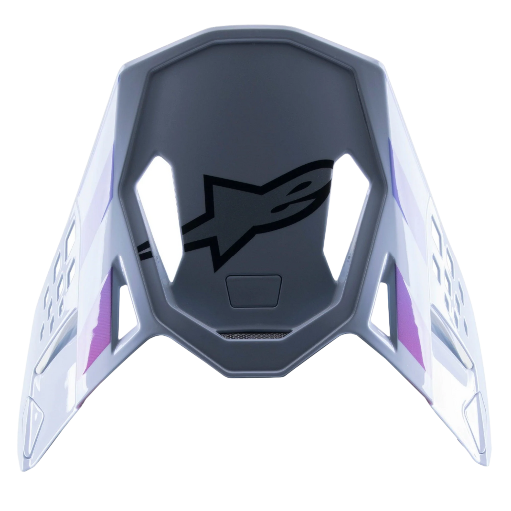 Visera Alpinestars Supertech M10 Daytona 23 LE, visera de repuesto para casco de motocross, color Gris Haze con acentos en Naranja Flúor y Rodamina, diseño aerodinámico con ajuste a presión y logotipo de Alpinestars en negro en la parte inferior