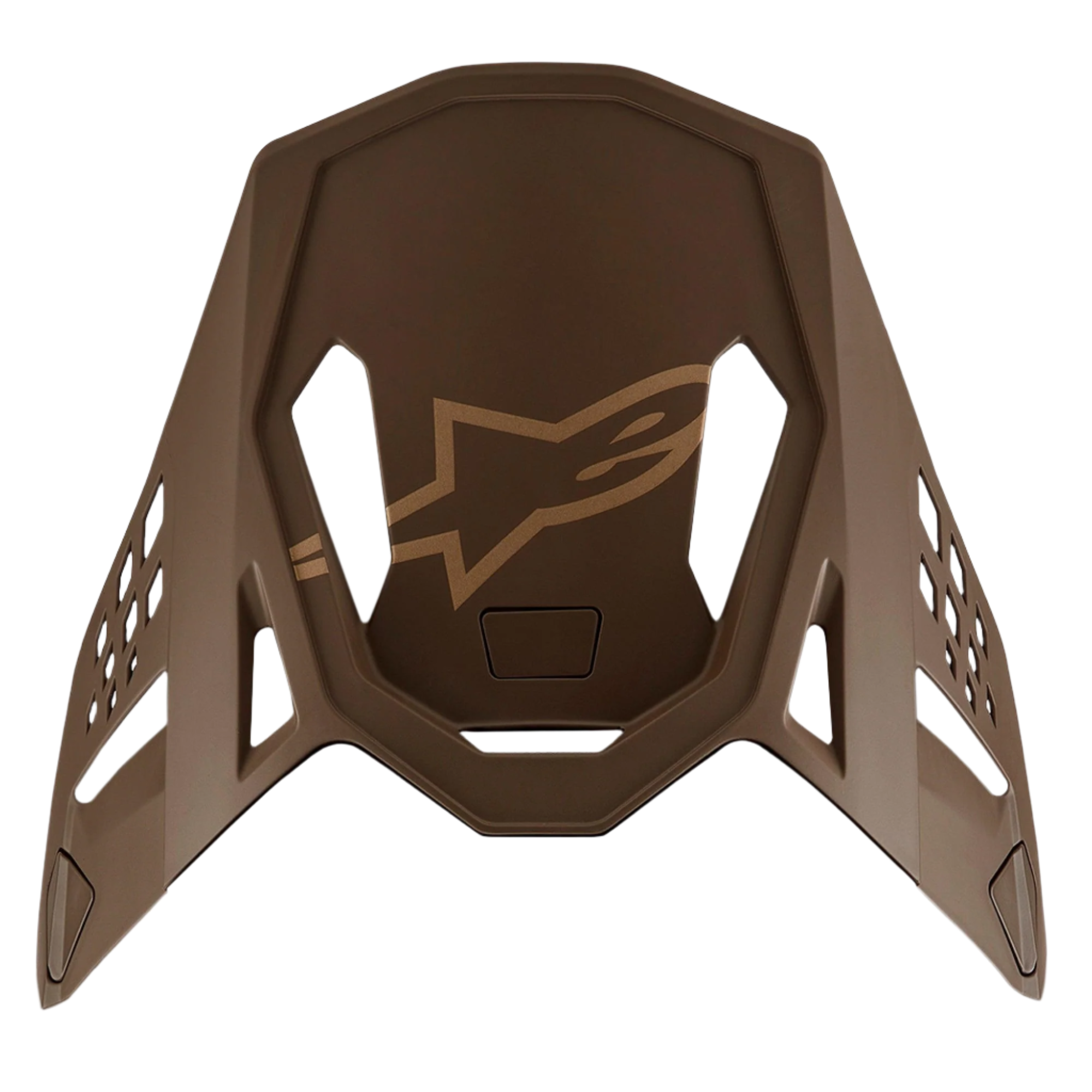 Alpinestars Supertech M10 Squad 23 LE Visor, Motocross Helmet Replacement Peak, Dark Brown and Kangaroo Gold, featuring a central gold Alpinestars logo and aerodynamic ventilation cutouts