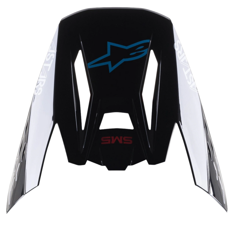 Visera Alpinestars S-M5 Bond, visera de repuesto para cascos de motocross, Negro Cian Brillante con logotipos laterales Astars en blanco, vista superior que muestra el logo de la estrella azul y el texto SM5 en rojo