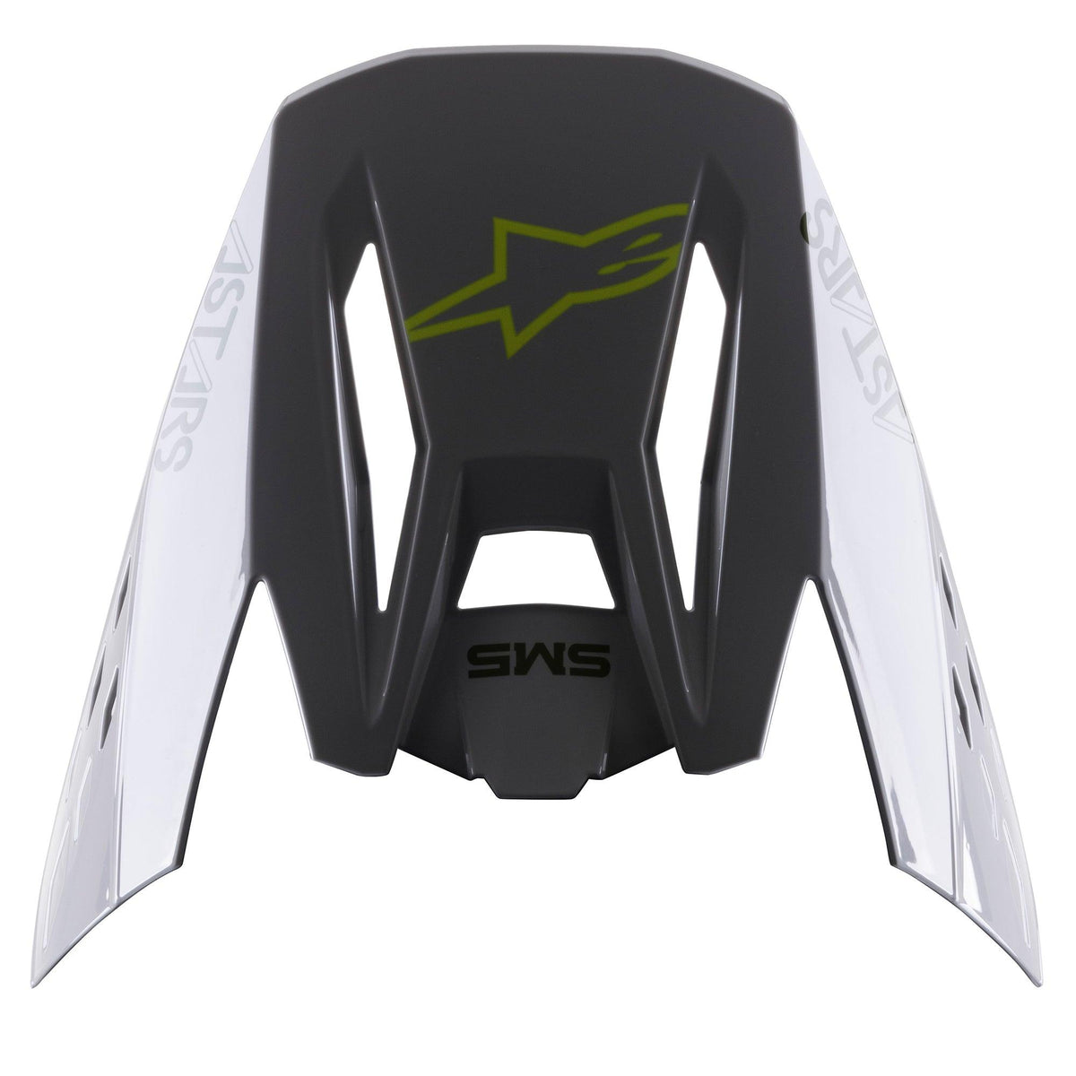 Alpinestars S-M5 Bond Visor, visera de repuesto para casco, plateado y amarillo flúor brillante, con logotipo de estrella central en amarillo flúor, texto SM5 y paneles laterales blancos con marca ASTARS, acabado brillante para protección de motocross