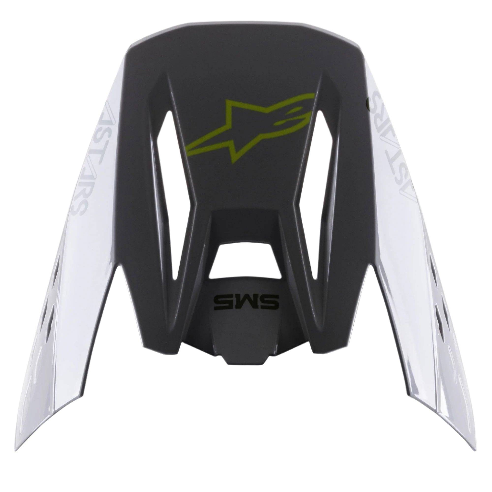 Visera Alpinestars S-M5 Bond, accesorio para casco, plateado y amarillo flúor brillante, sección central gris oscuro con logotipo amarillo flúor, paneles laterales plateados con la marca Astars, acabado brillante, visera de repuesto para cascos de motocross S-M5